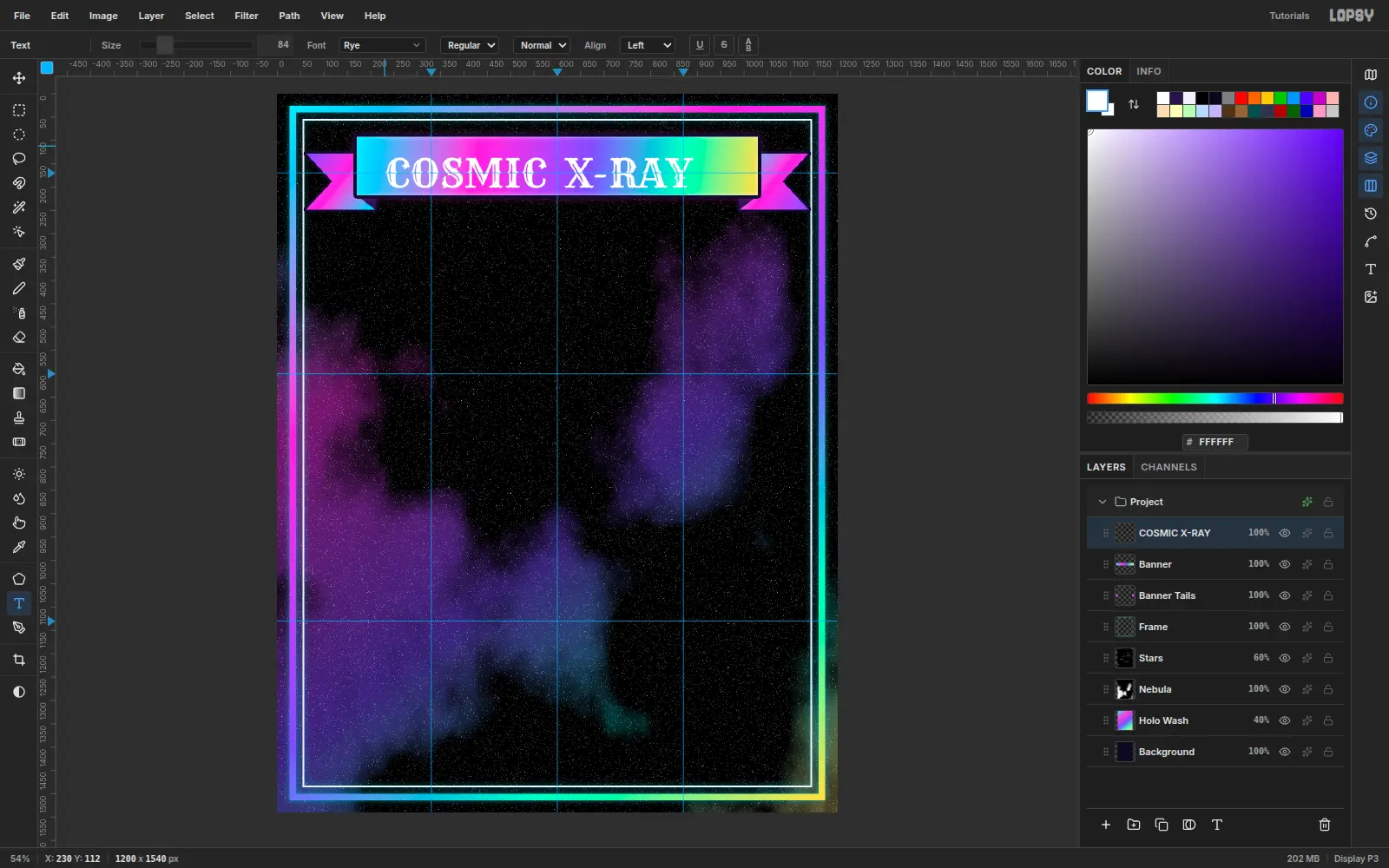 COSMIC X-RAY typed in white Rye across the ribbon, not yet centred