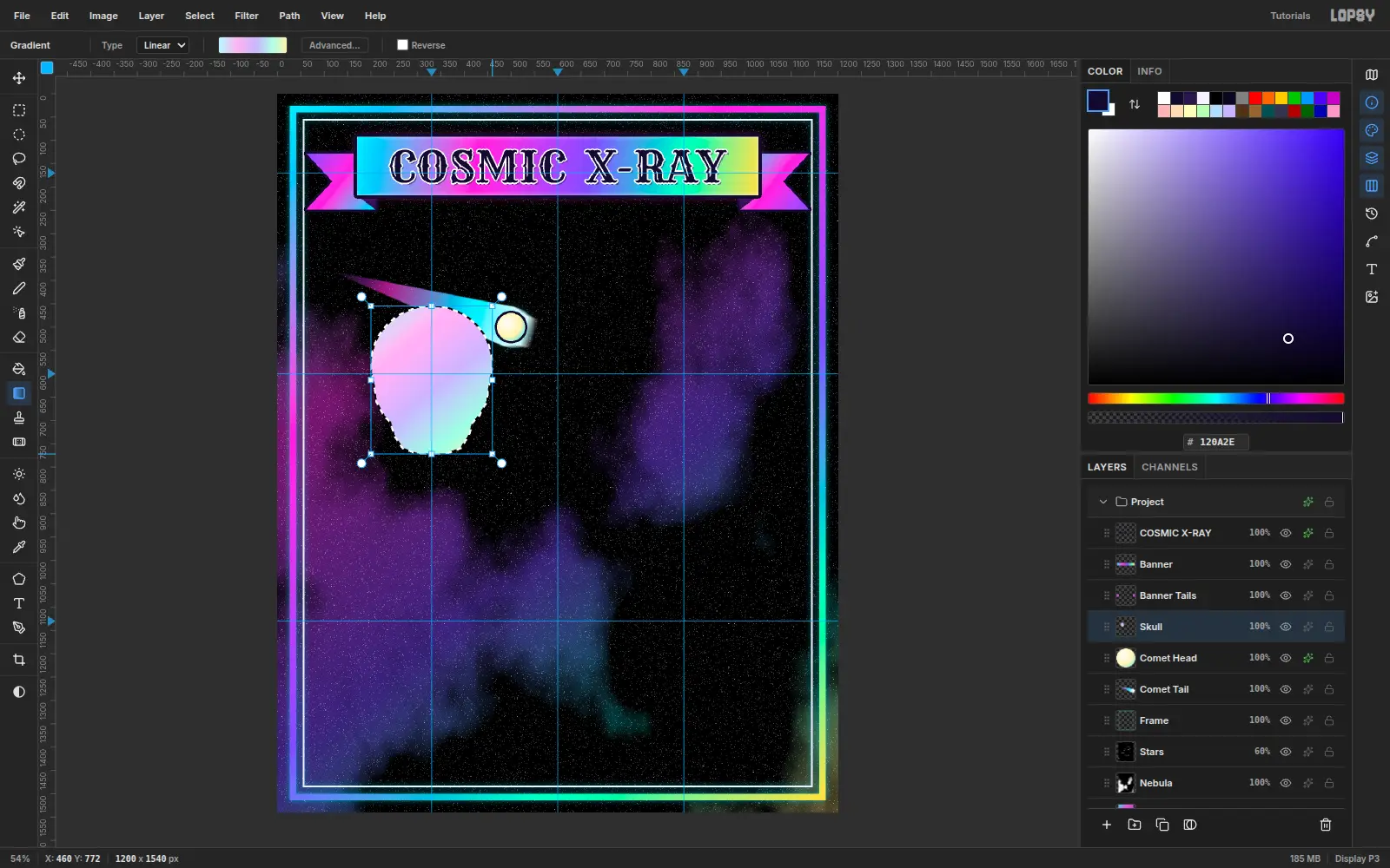 A skull silhouette selected with the Lasso and filled with a pastel holographic gradient