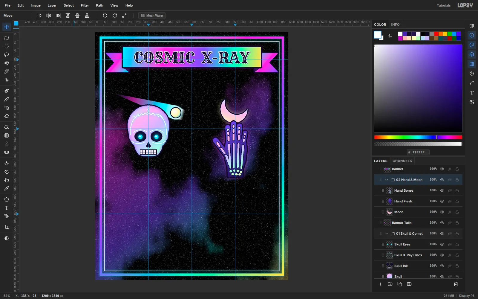 The Layers panel with the skull layers inside a 01 Skull & Comet group and the hand layers inside a 02 Hand & Moon group