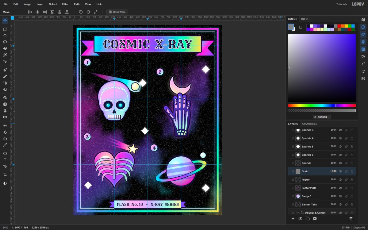 Lopsy showing the finished COSMIC X-RAY tattoo flash sheet, with four numbered holographic x-ray designs on a nebula background, a rainbow title ribbon and the layer groups in the Layers panel