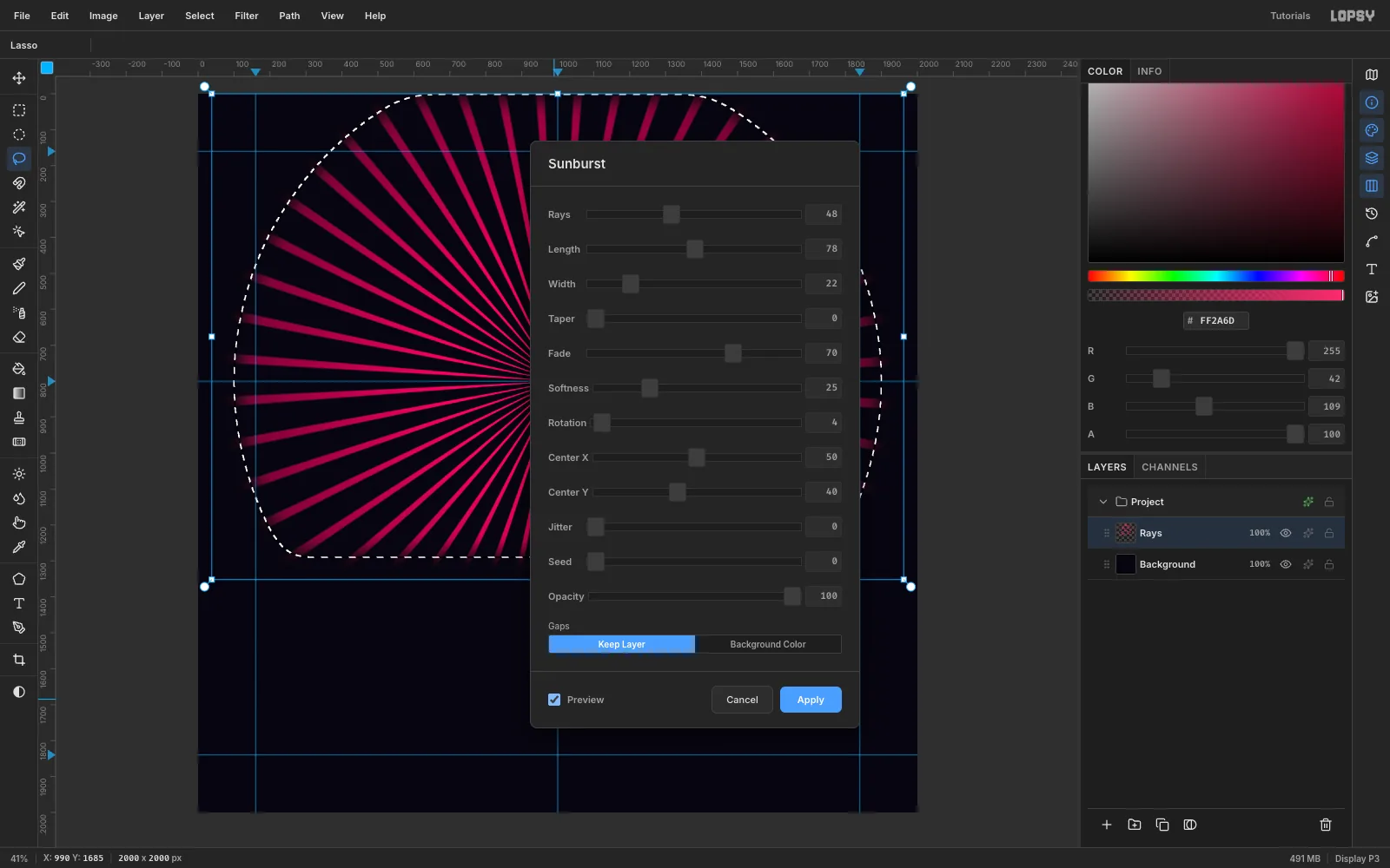 The Sunburst filter dialog with Rays 48, Length 78, Width 22, Fade 70, Softness 25, Rotation 4 and Center Y 40, previewing thin magenta rays inside the feathered selection