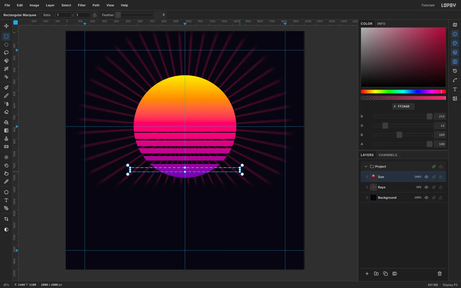A marquee selection across the lower part of a sun disc that fades from yellow through hot pink to violet, with several dark slits already cut