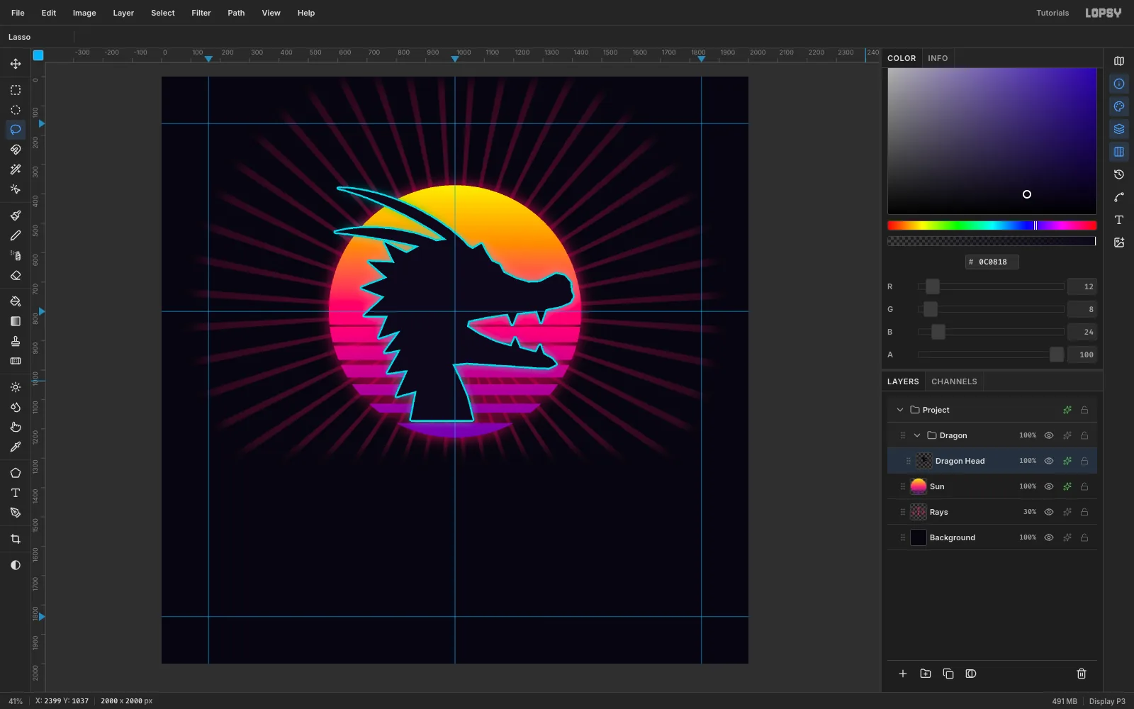 The dark dragon head outlined with a thin cyan neon stroke and a soft cyan glow against the sun