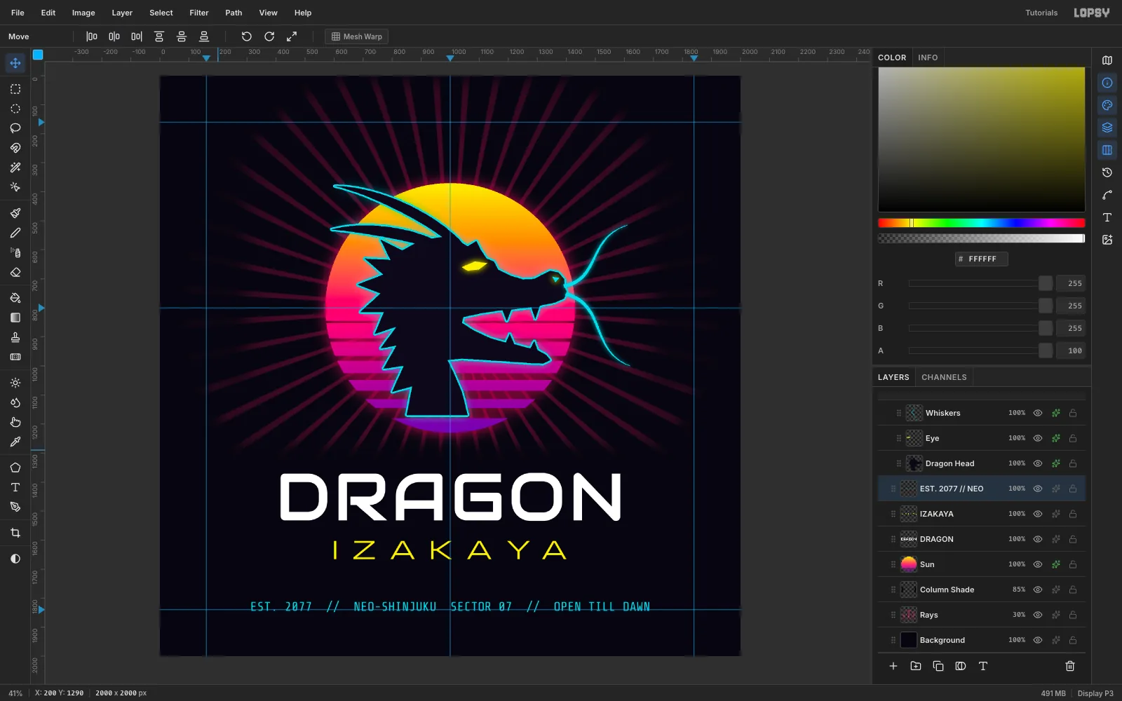 DRAGON in large white Audiowide capitals under the sun, IZAKAYA in tracked yellow capitals below it, and a cyan monospace footer line