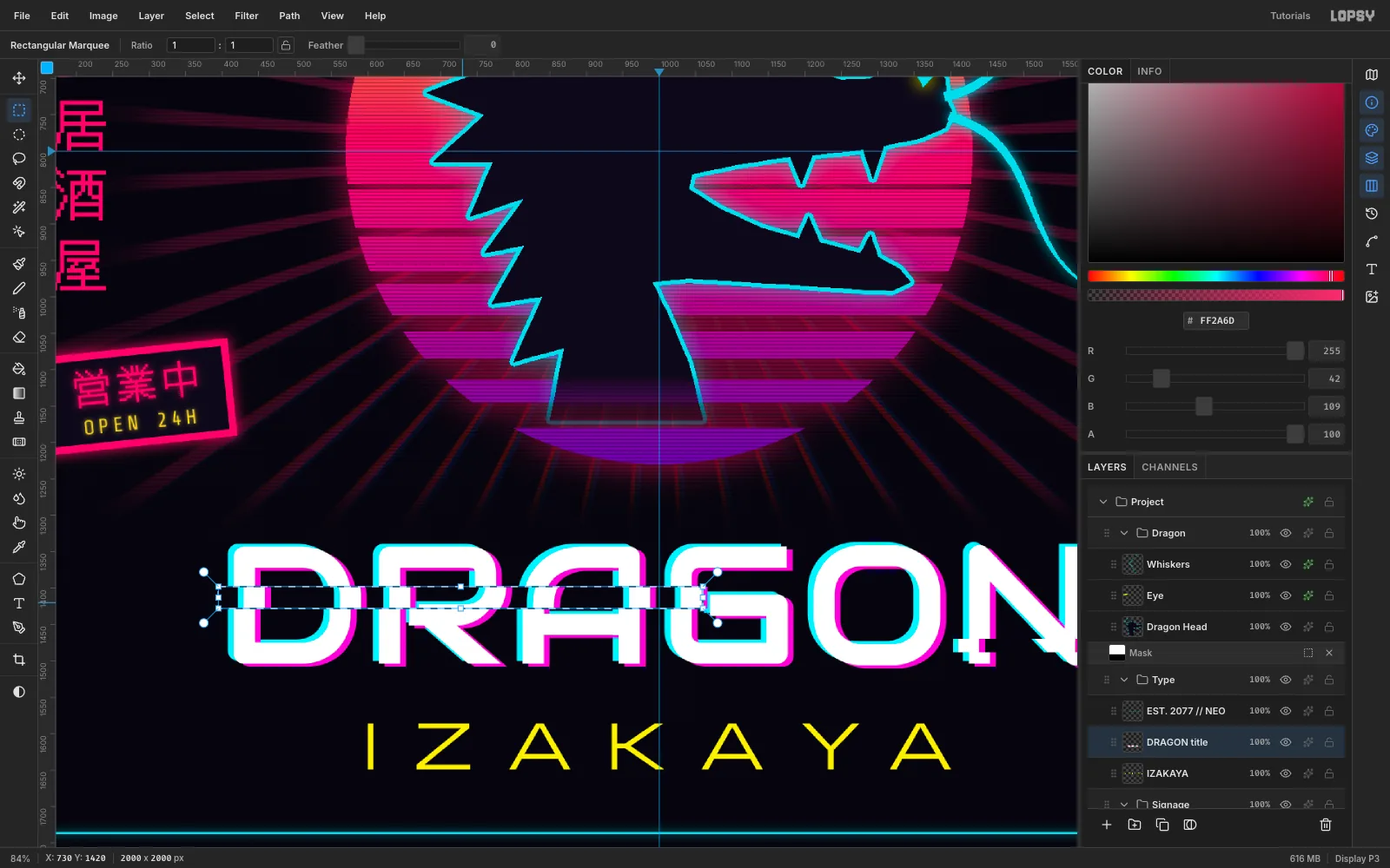 A zoomed view of DRAGON with a marquee around a 30 px strip through the D, R and A that has been shifted right, tearing the letters slightly