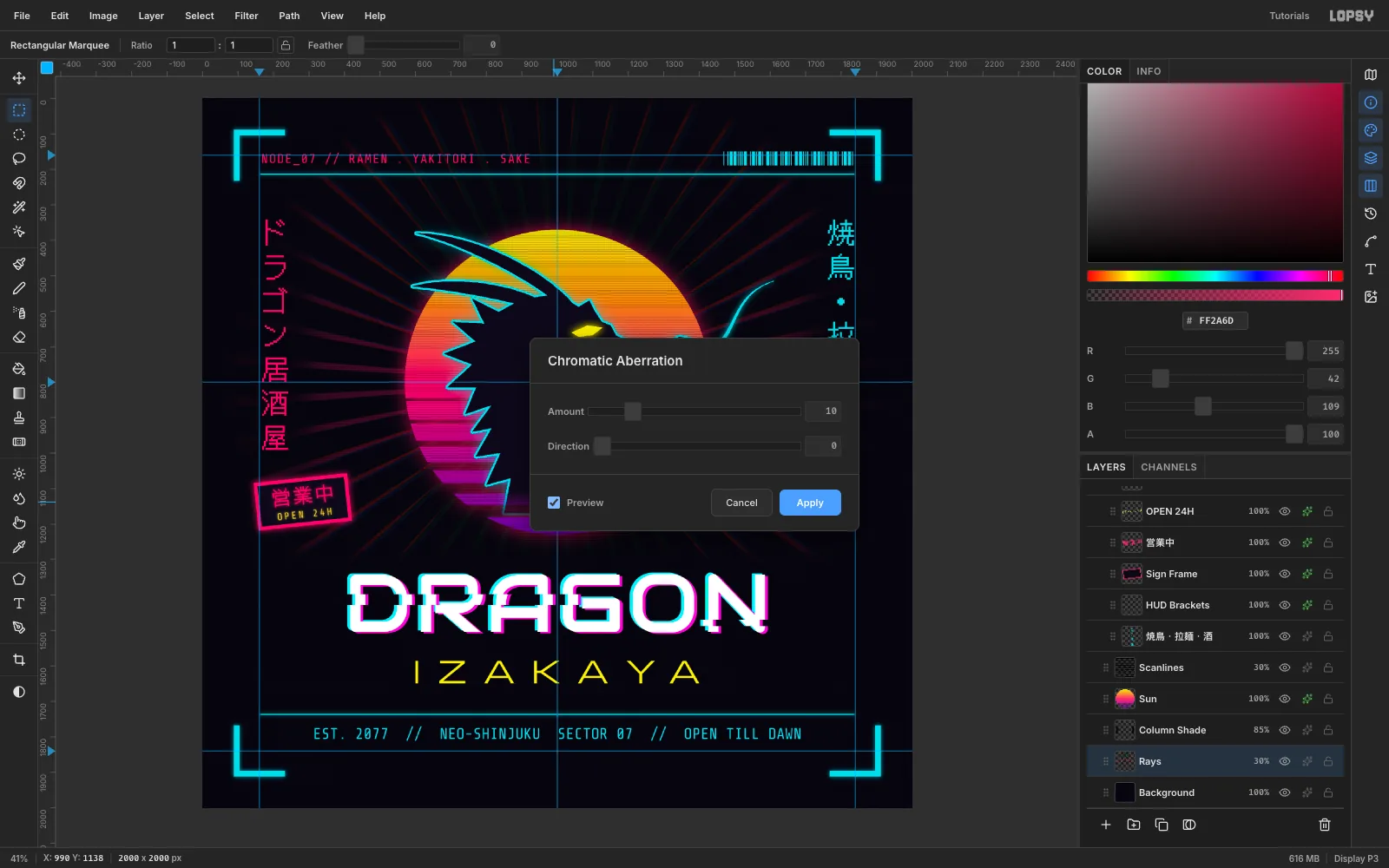 The Chromatic Aberration dialog with Amount 10 and Direction 0 previewing on the rays, with the Type, Signage and Dragon groups in the Layers panel