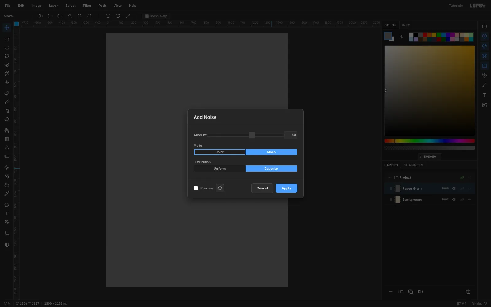 The Add Noise dialog set to Mono and Gaussian over a grey Paper Grain layer
