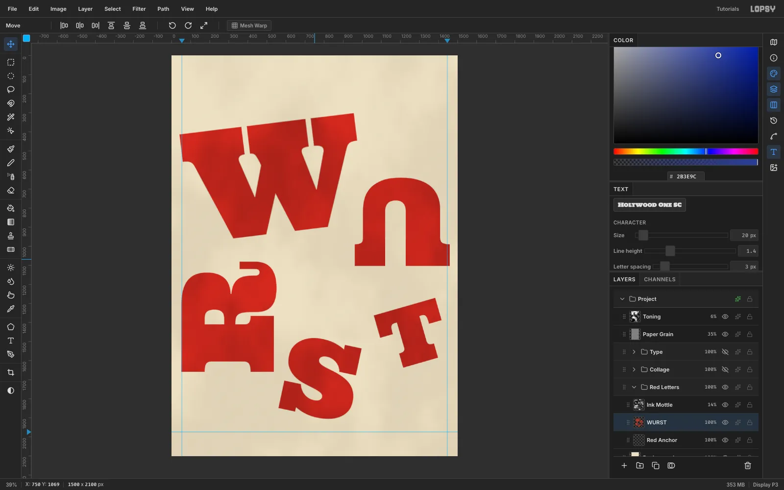 Five red letters W, U upside down, R on its side, S and T scattered over the newsprint