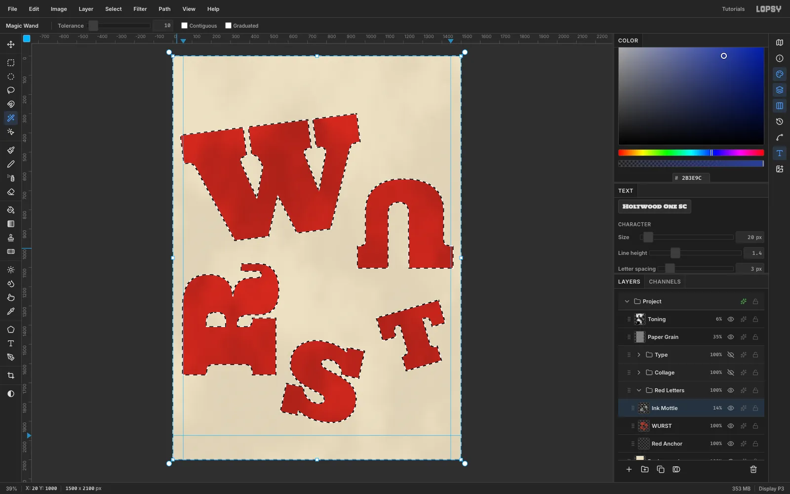 A Magic Wand selection of everything outside the red letters, with the Ink Mottle layer active