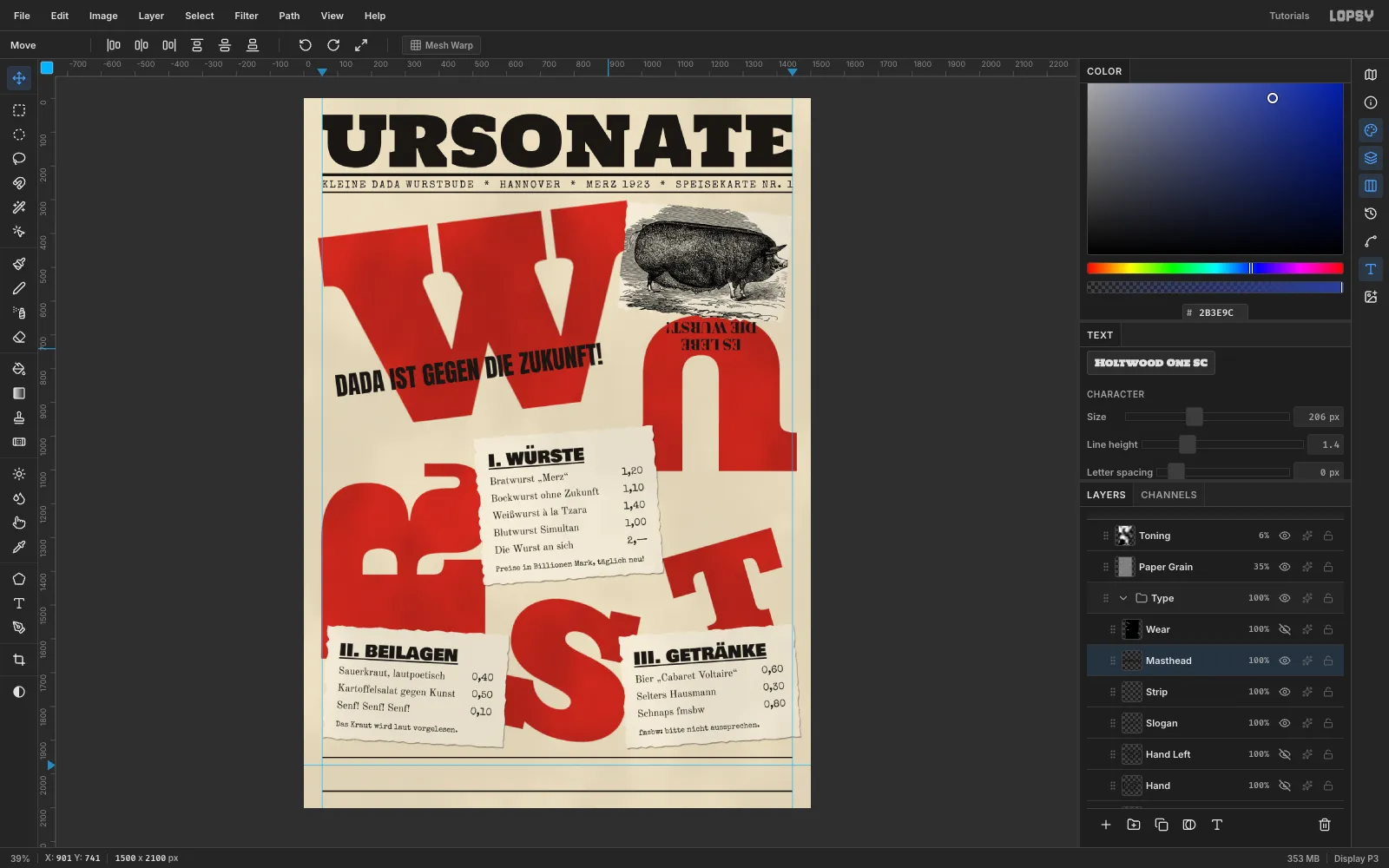 Three torn menu slips: I. Würste in the middle, II. Beilagen bottom-left and III. Getränke bottom-right