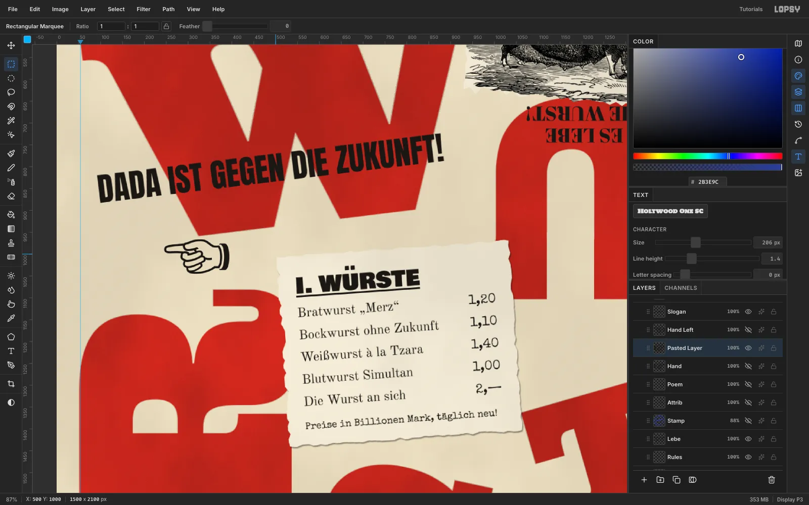 A flipped pointing-hand copy pointing left, next to the Würste slip