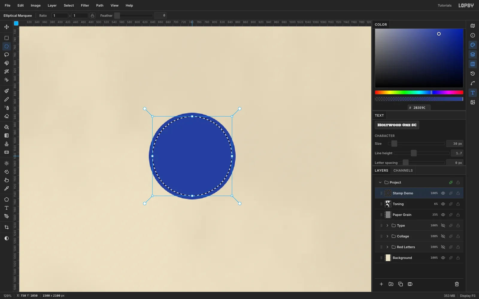 The stamp under construction on bare paper: a blue disc with a slightly smaller circular marquee inside it, before the middle is cleared to leave the outer ring