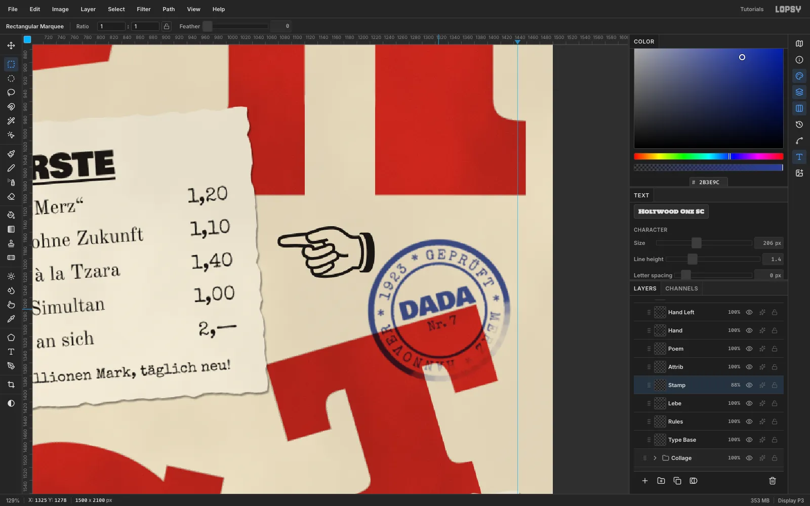 The stamp scaled down and sitting in the cream gap under the U, a third of it over the red T