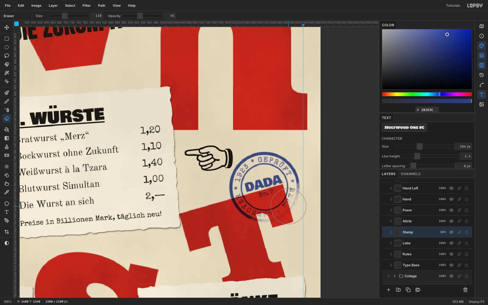 The Eraser at Size 110 and 45% opacity hovering over the lower-right of the stamp