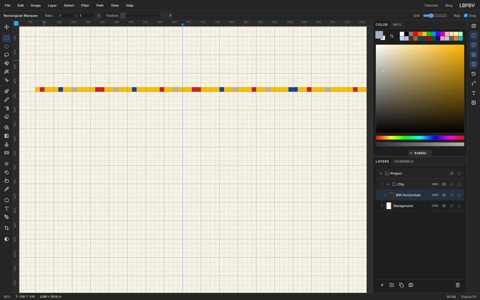 The finished yellow street with red, blue and grey squares spaced irregularly along it