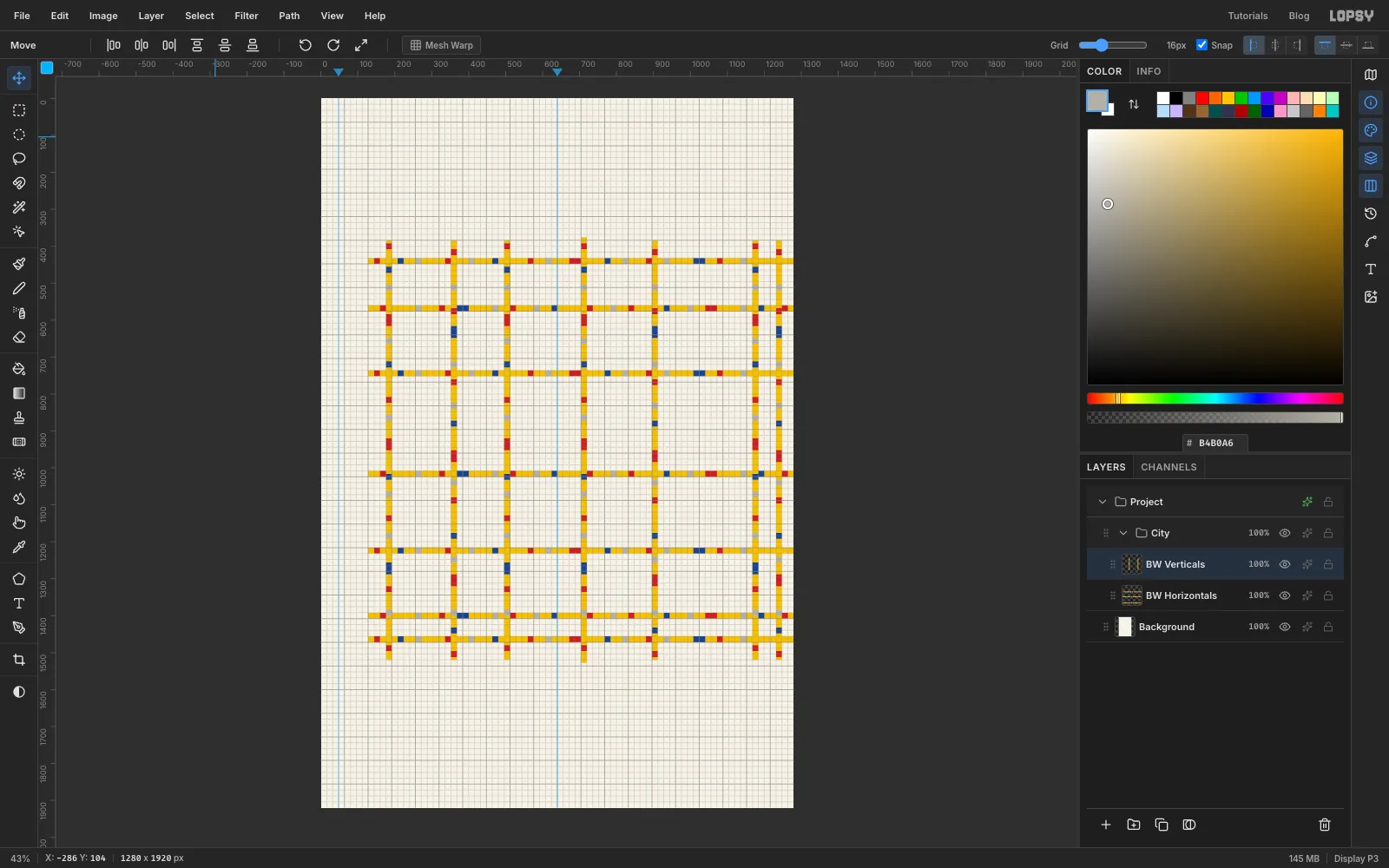 Seven vertical yellow streets crossing the seven horizontals to make a full Boogie-Woogie grid that overhangs the field at the top and bottom