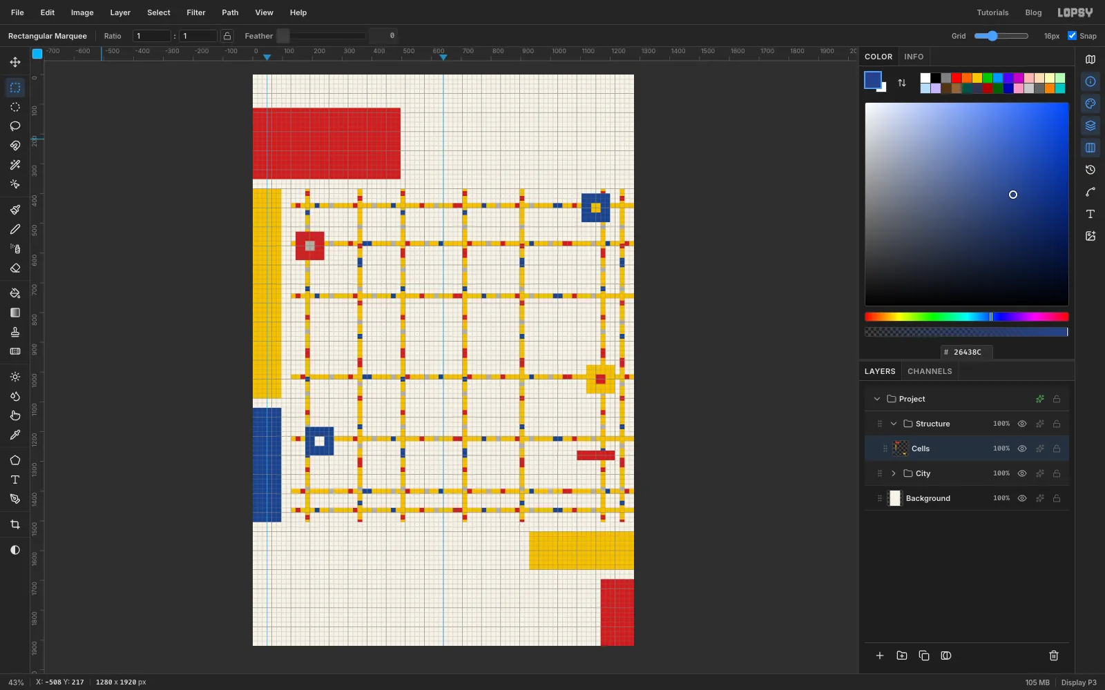 Big flat cells added around the field: a red block at the top left, a yellow column and a blue block down the left side, a yellow cell at the right of the lower band and a red cell in the bottom right corner