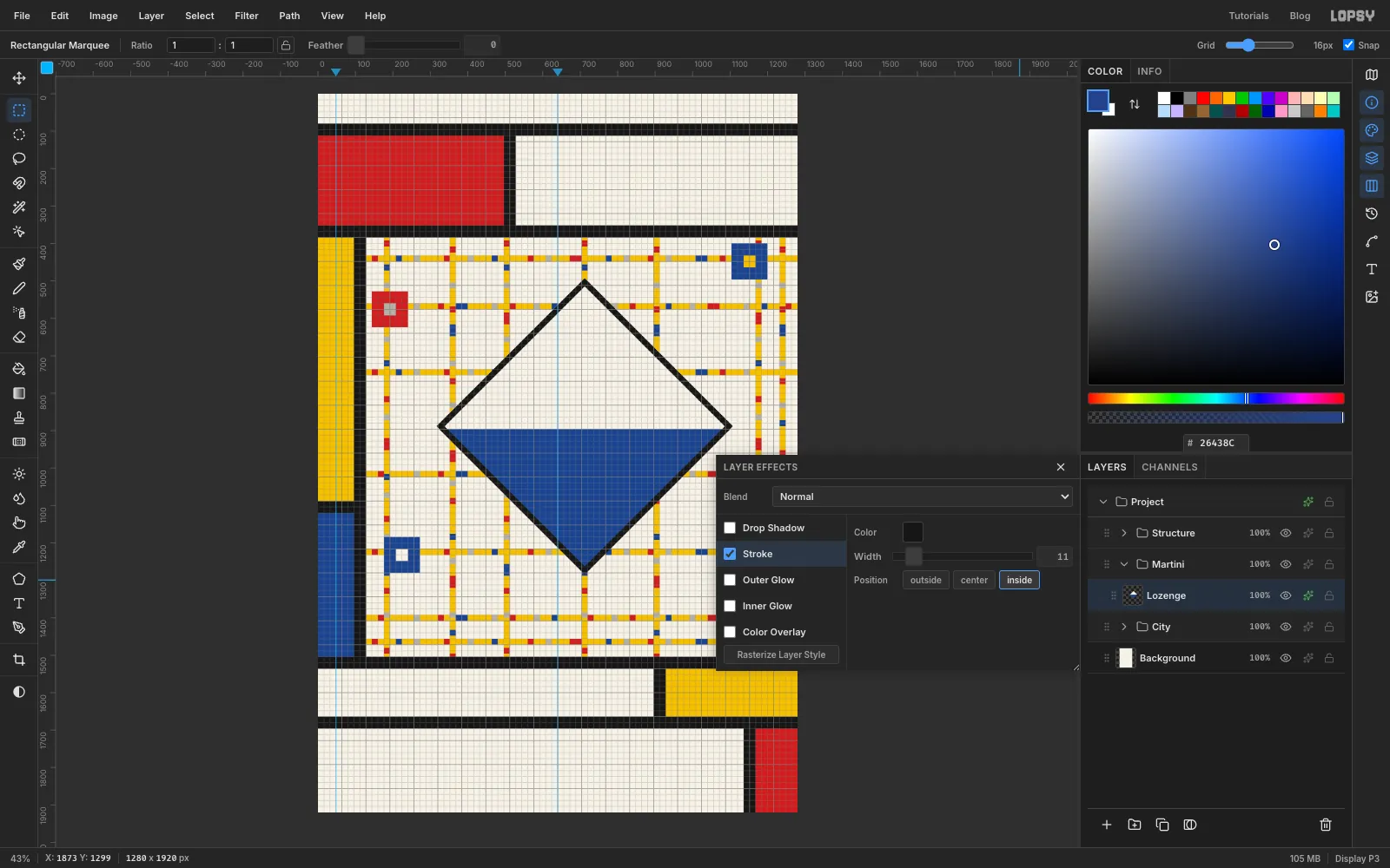 The Layer Effects drawer for the Lozenge layer with Stroke enabled, black, Width 16 and Inside, and a black frame around the whole diamond