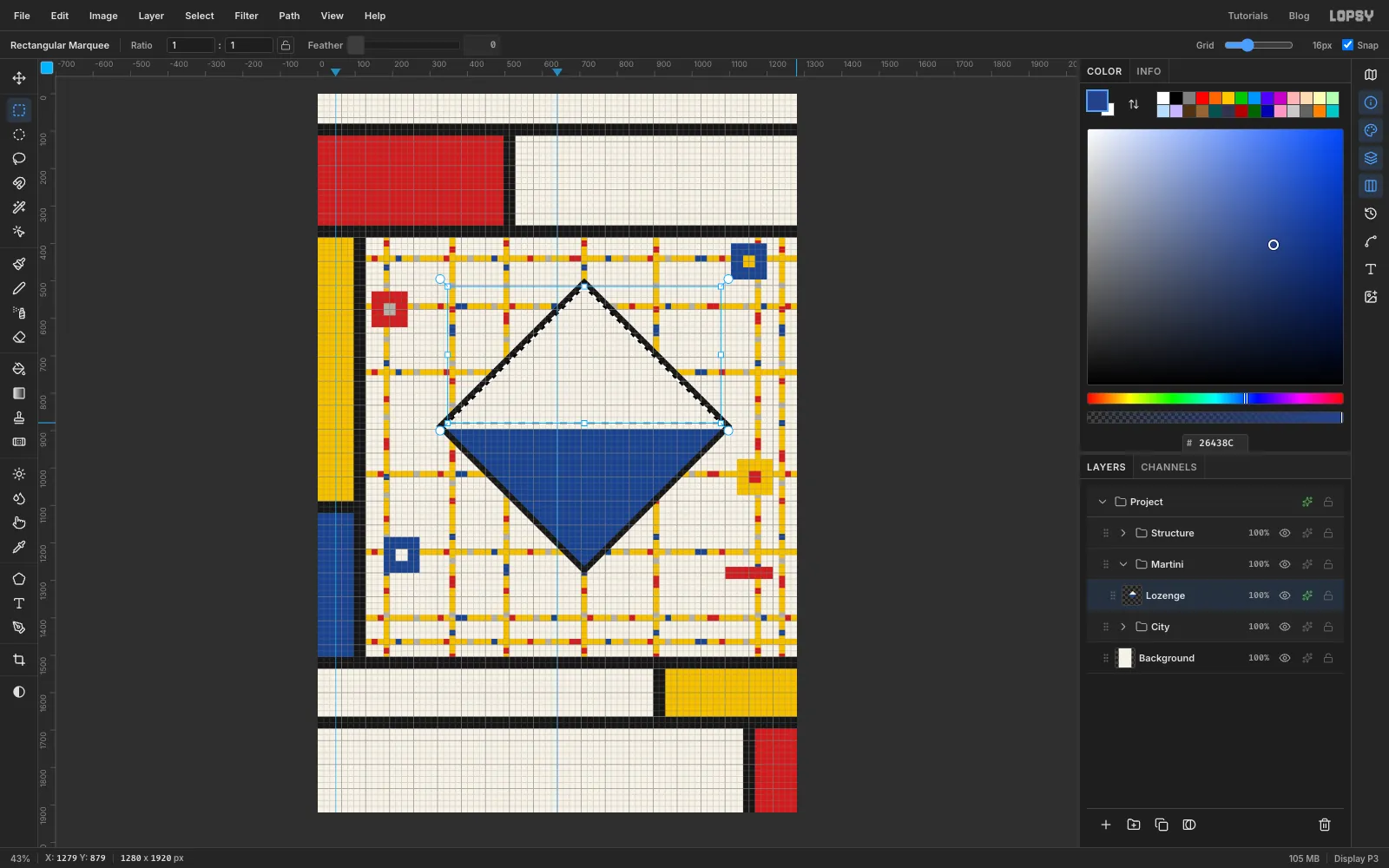 The upper triangle just inside the black frame selected with marching ants, after shrinking the lozenge's selection and intersecting it with a marquee above the rim