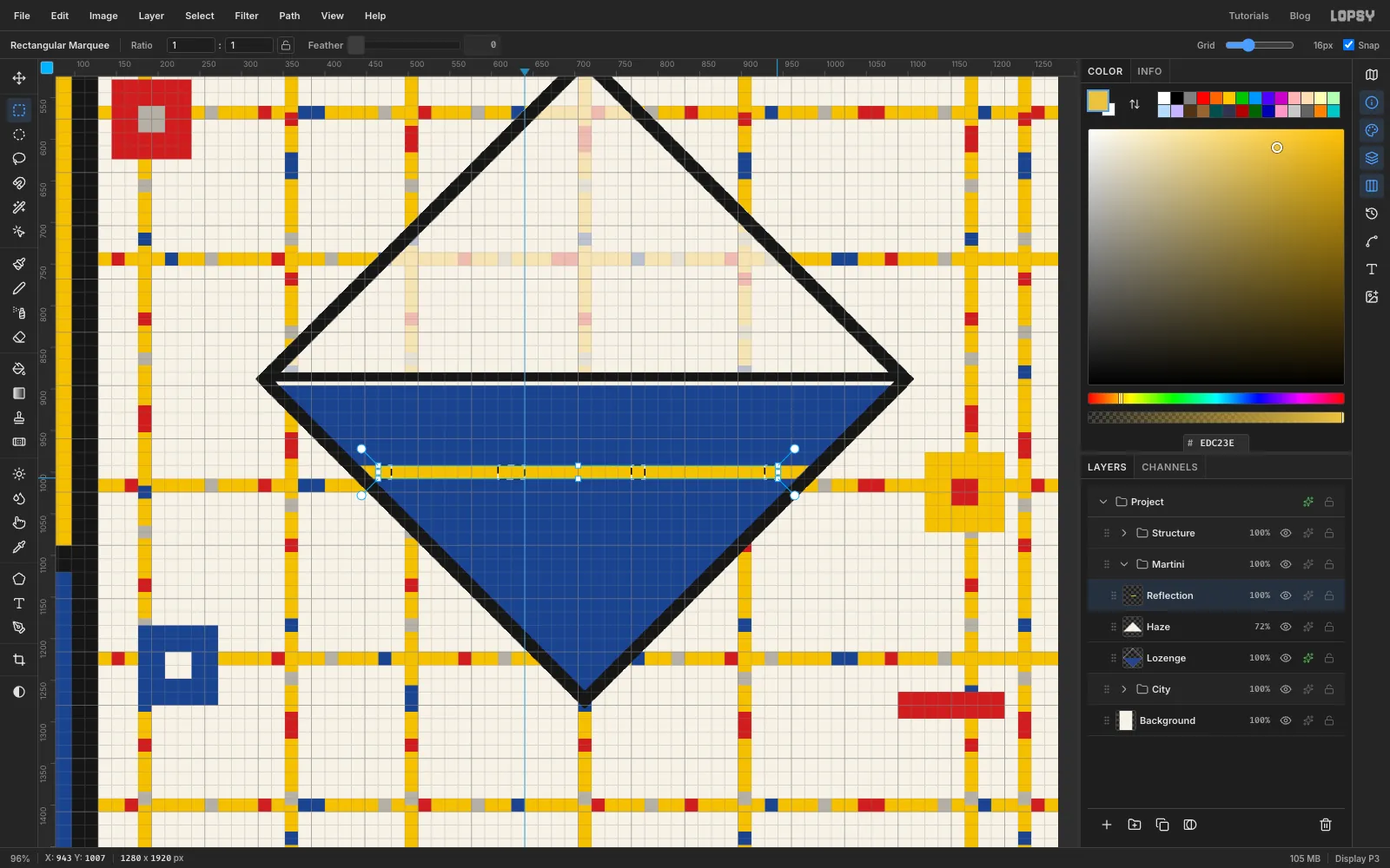 A yellow stripe clipped inside the blue bowl with small square marquees added along it, zoomed in on the glass