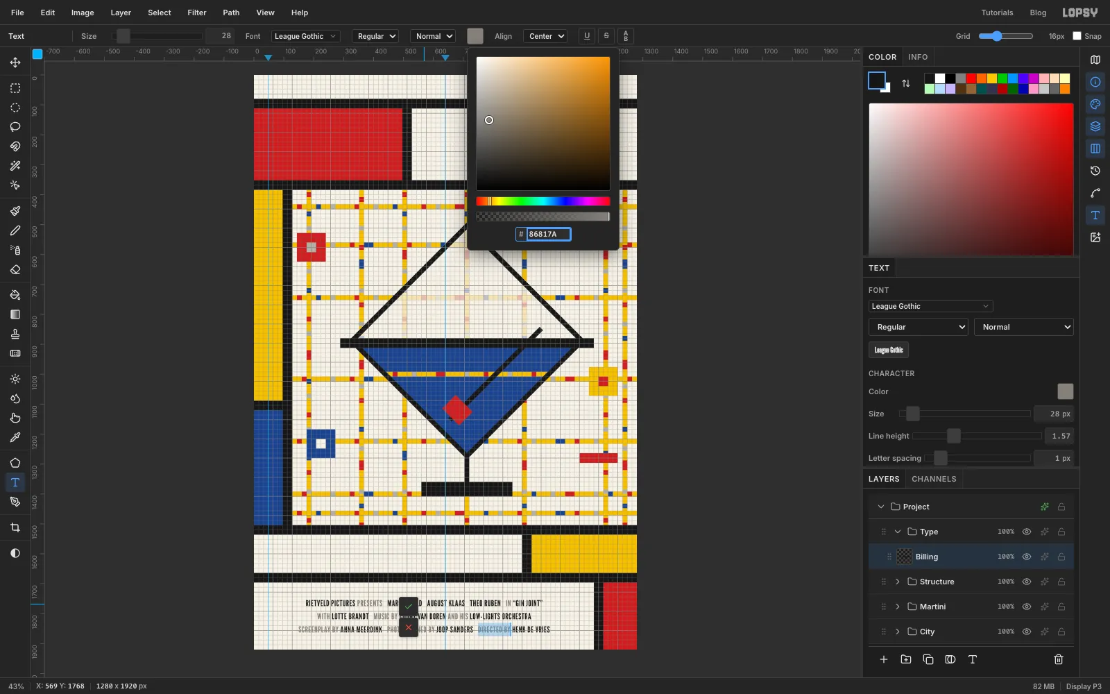 The billing block being edited with the words DIRECTED BY highlighted and the text colour picker open on grey 86817A