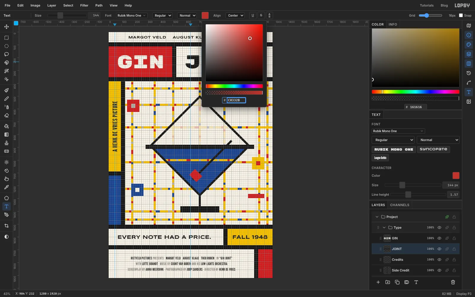 JOINT being edited with only the O selected and the text colour picker open on red C0332B