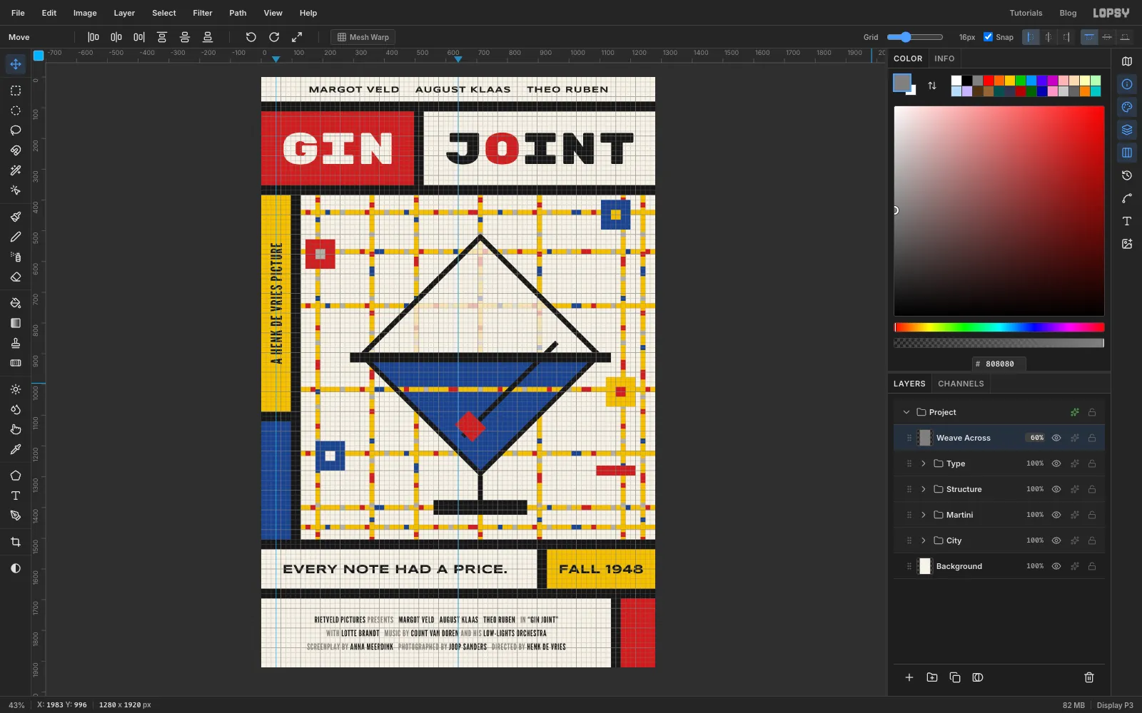 A Weave Across layer of horizontally streaked grey noise in Overlay mode at 60 percent at the top of the Layers panel