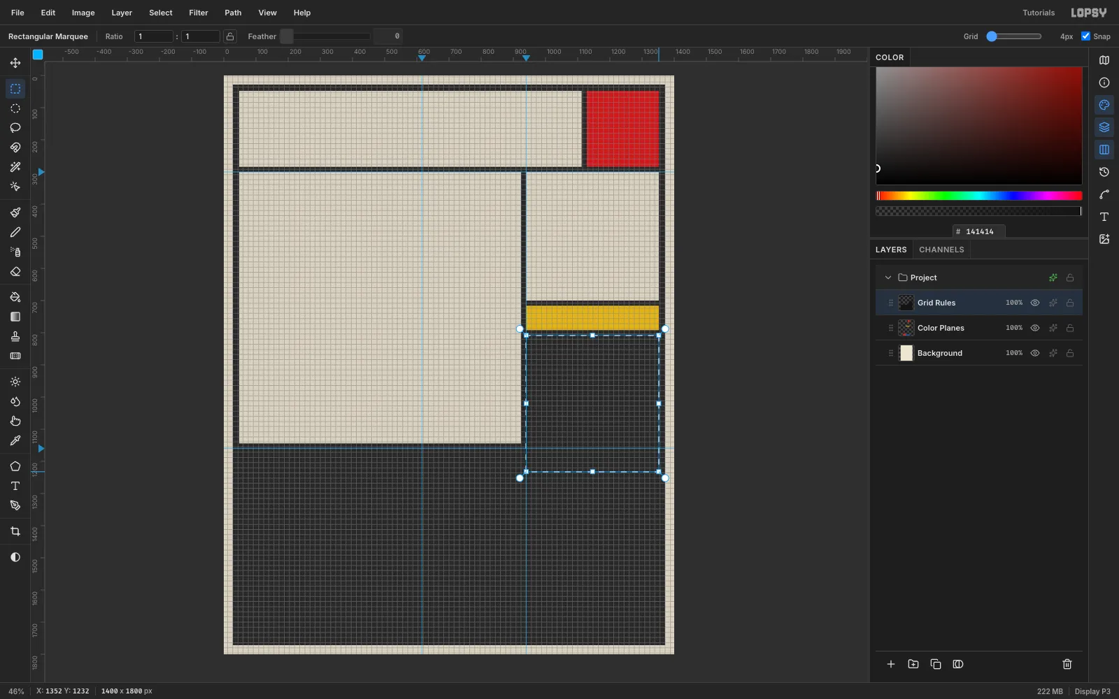 A black slab covering the page with several cream cells already deleted and a marquee selecting the next cell