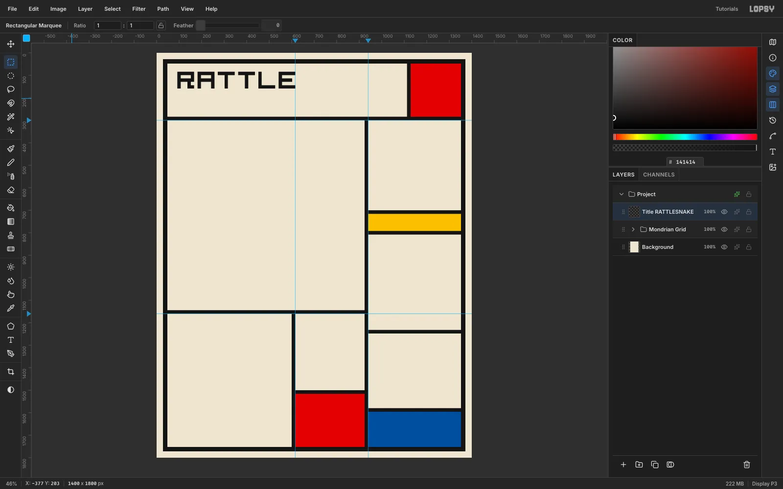 RATTLE spelled in blocky black letters made of rectangles along the top of the header cell