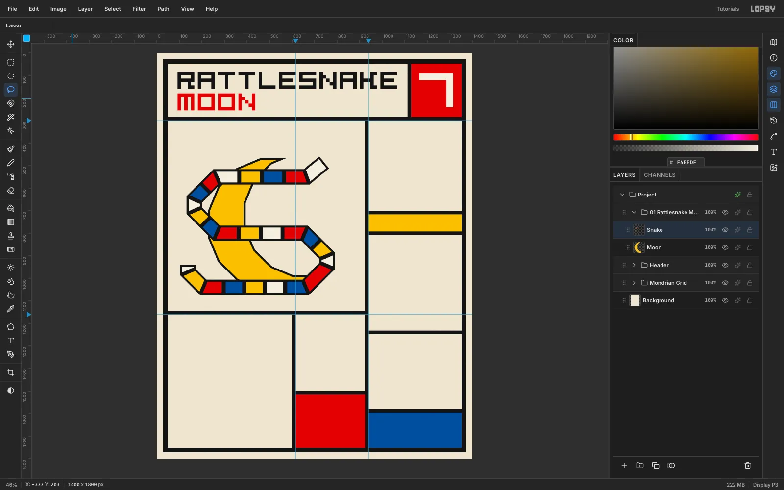 The snake body filled with alternating cream, red, blue and yellow planes separated by black lines