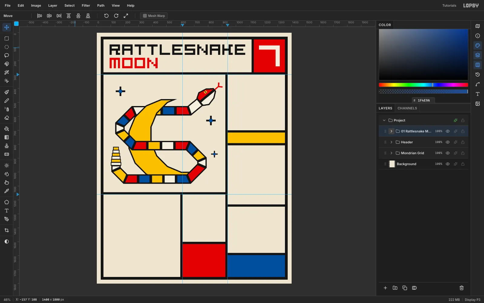 The Rattlesnake Moon group collapsed in the Layers panel with the finished snake and moon in the hero cell