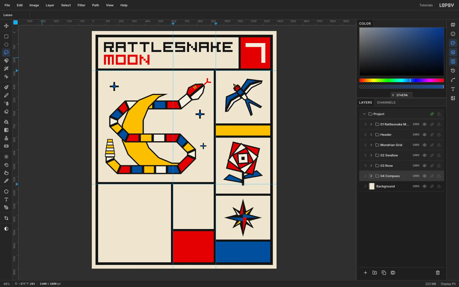 The finished compass star with red, blue, yellow and cream halves inside its black mitred outline