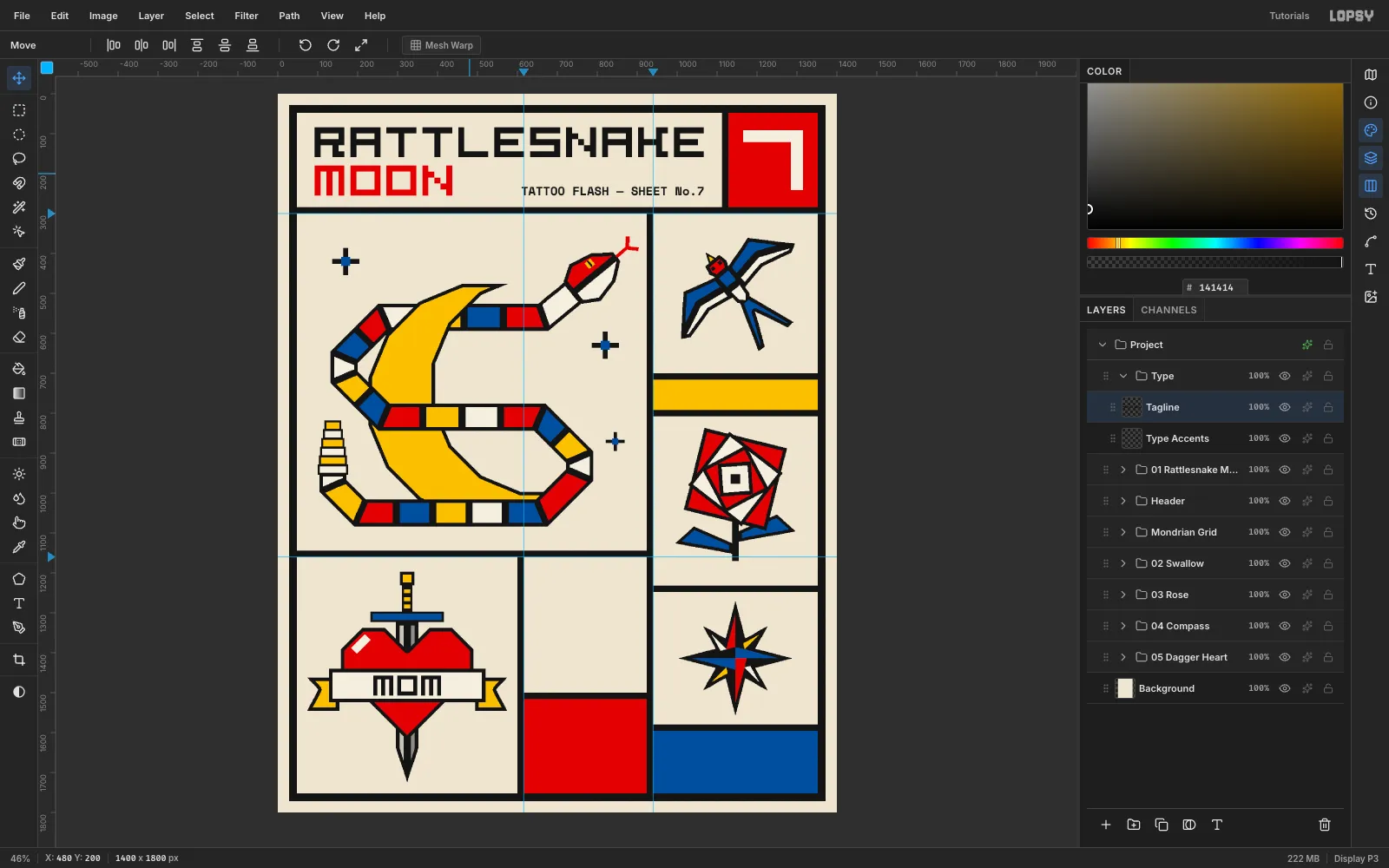 TATTOO FLASH — SHEET No.7 in Space Mono Bold aligned to the right edge of RATTLESNAKE and the baseline of MOON