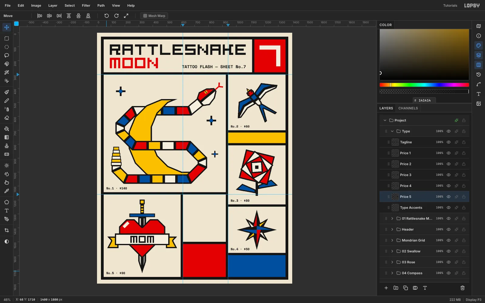 Small Space Mono labels such as No.1 · $140 in the bottom-left corner of each flash cell