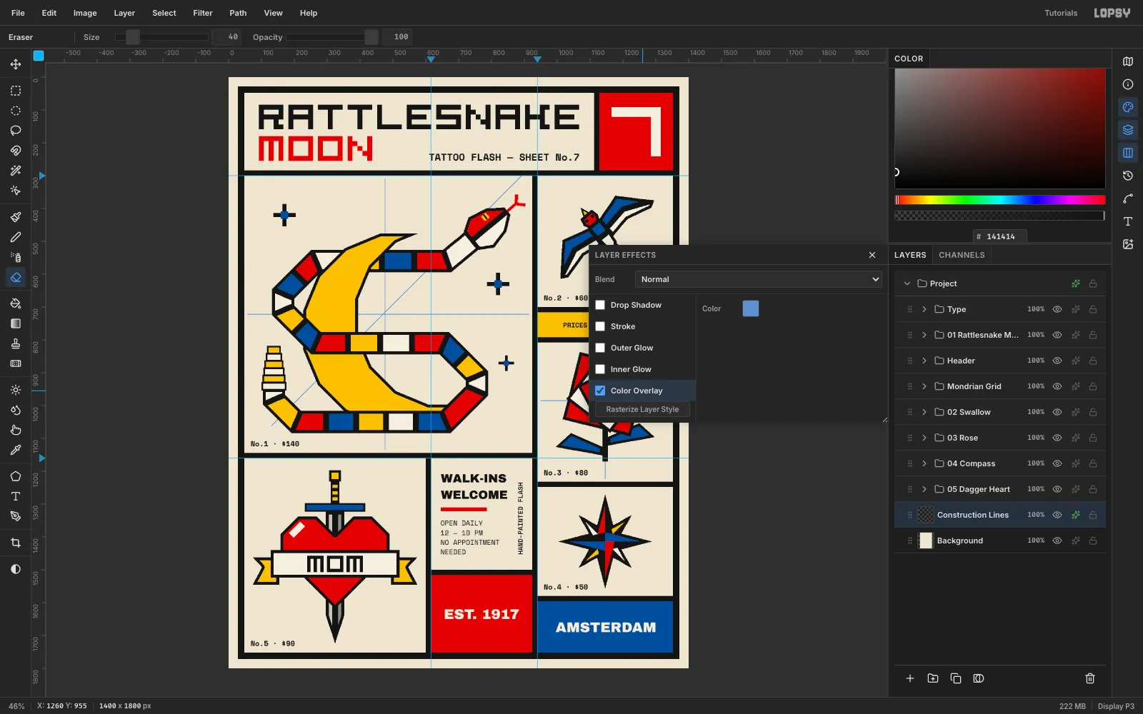 The Layer Effects drawer with Color Overlay enabled in light blue on the Construction Lines layer