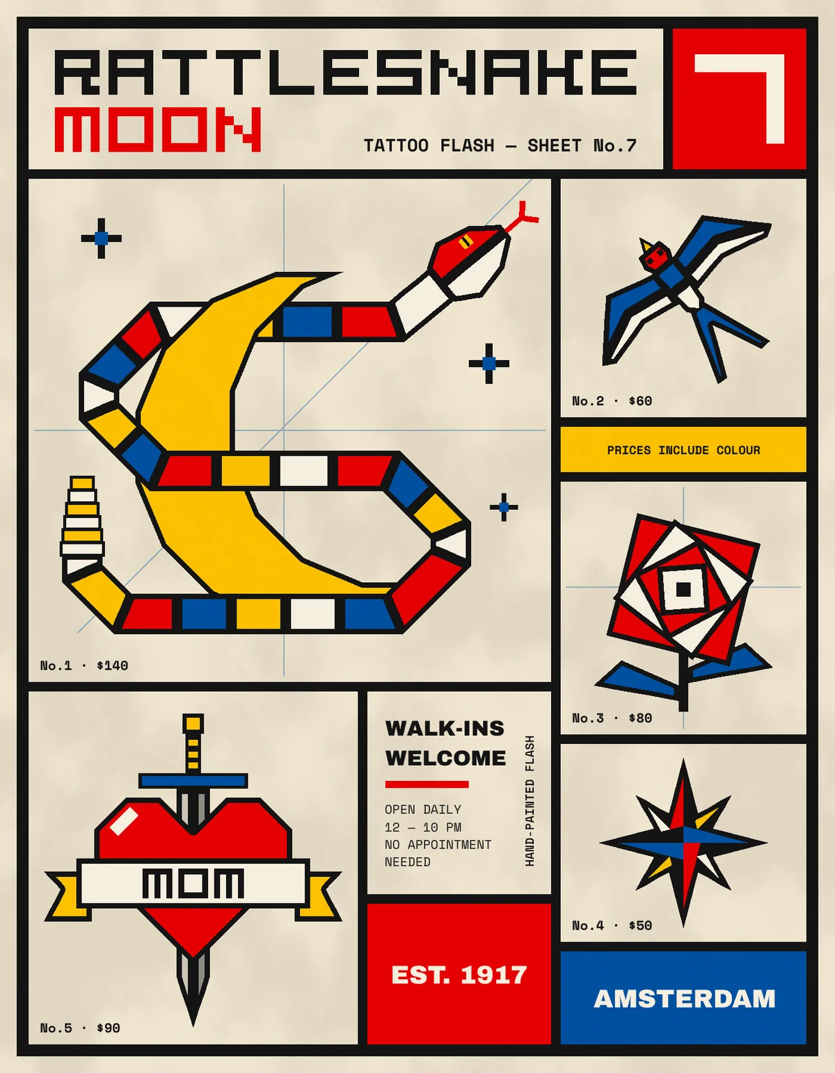 The finished RATTLESNAKE MOON tattoo flash sheet. A thick black Mondrian grid on cream paper holds red, yellow and blue blocks and five numbered flash designs made of flat colour planes with black outlines. A striped S-shaped rattlesnake coils through a yellow crescent moon. Around it sit a blue swallow, a spiral red rose, a compass star and a heart pierced by a dagger with a MOM banner. The blocky title reads RATTLESNAKE MOON, and small type gives prices, WALK-INS WELCOME, EST. 1917 and AMSTERDAM