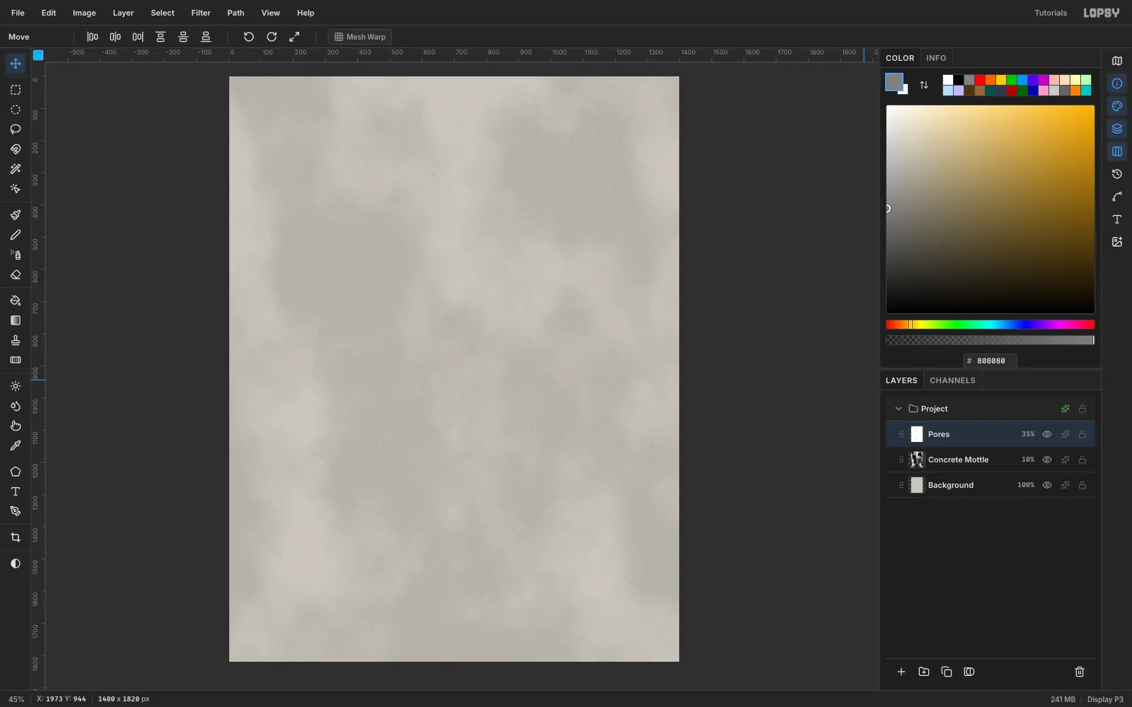 A pale concrete-grey page with soft cloudy mottling and a scatter of tiny dark pores