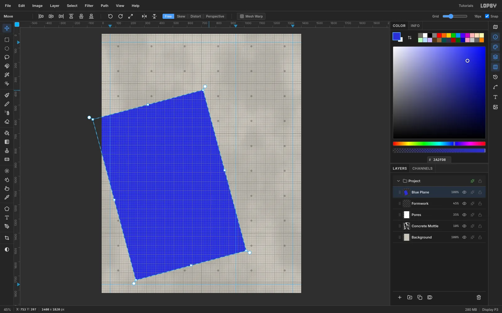 A tall ultramarine rectangle inside a transform box, rotated 15 degrees counter-clockwise with its handles showing