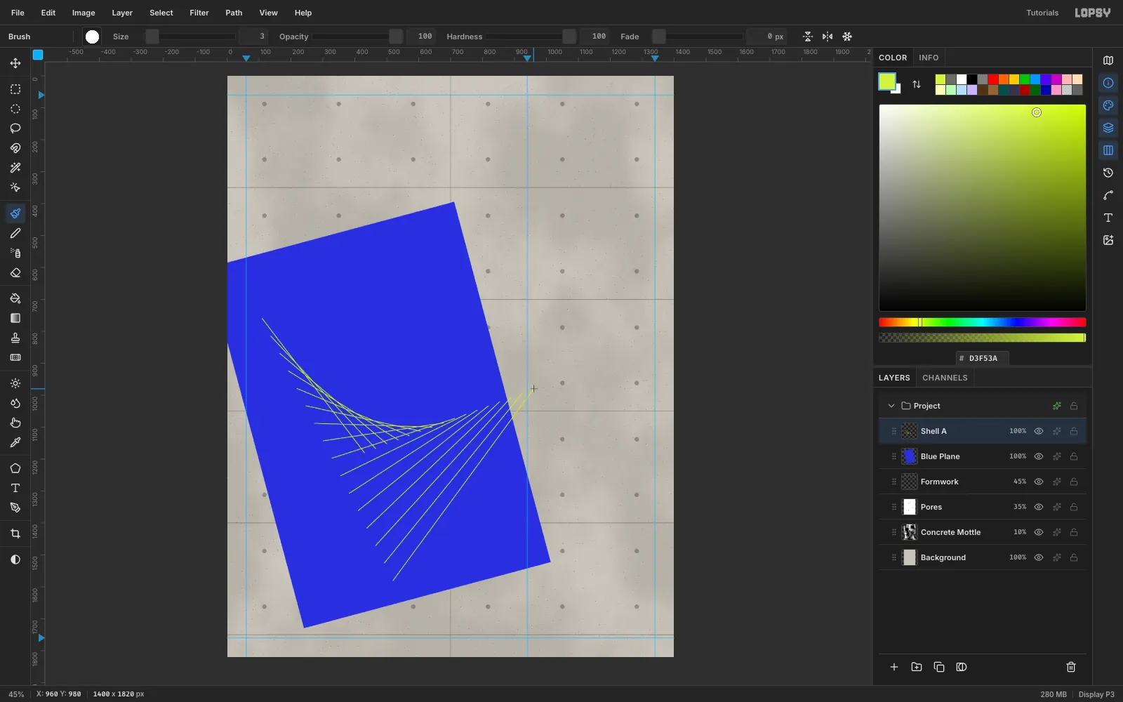 Sixteen lime lines fanning across the blue plane, each joining a point on one edge to a point on the opposite edge, already bending into a curve
