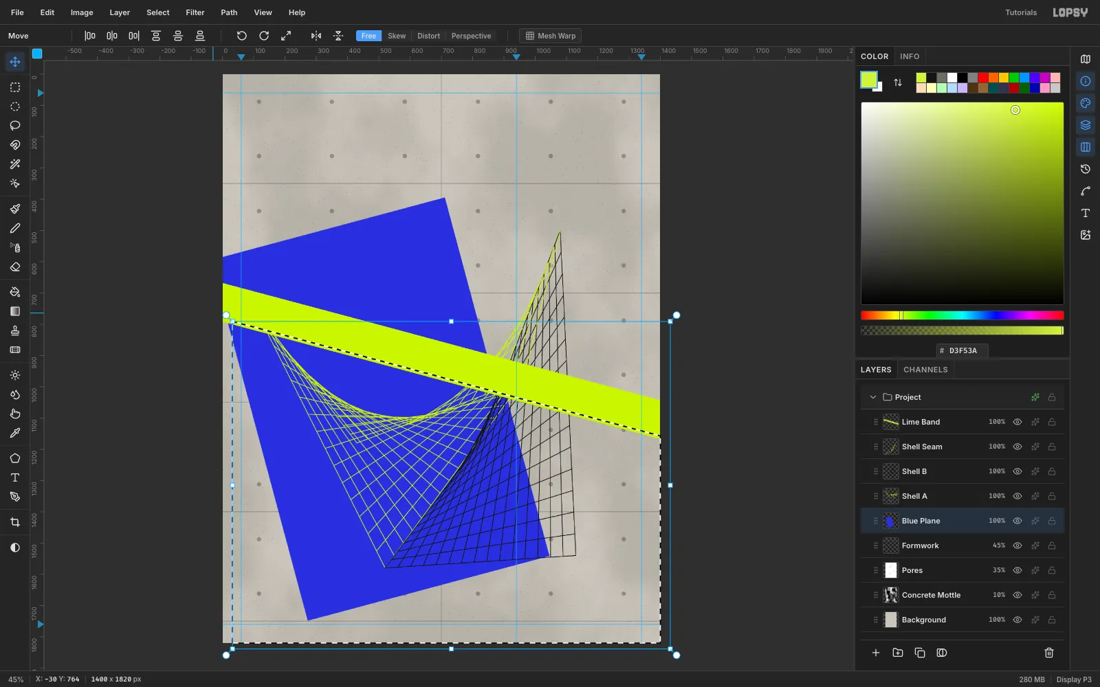 A lasso selection covering everything below the lime band, with the lower part of the blue plane already slid down and to the right