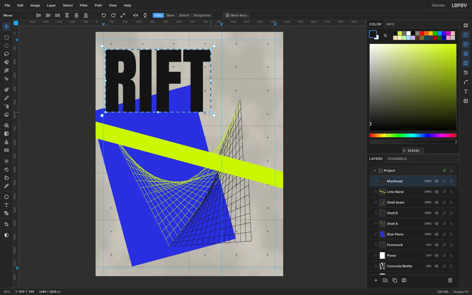 The word RIFT in heavy black Anton capitals inside a transform box being scaled up from its bottom-right corner
