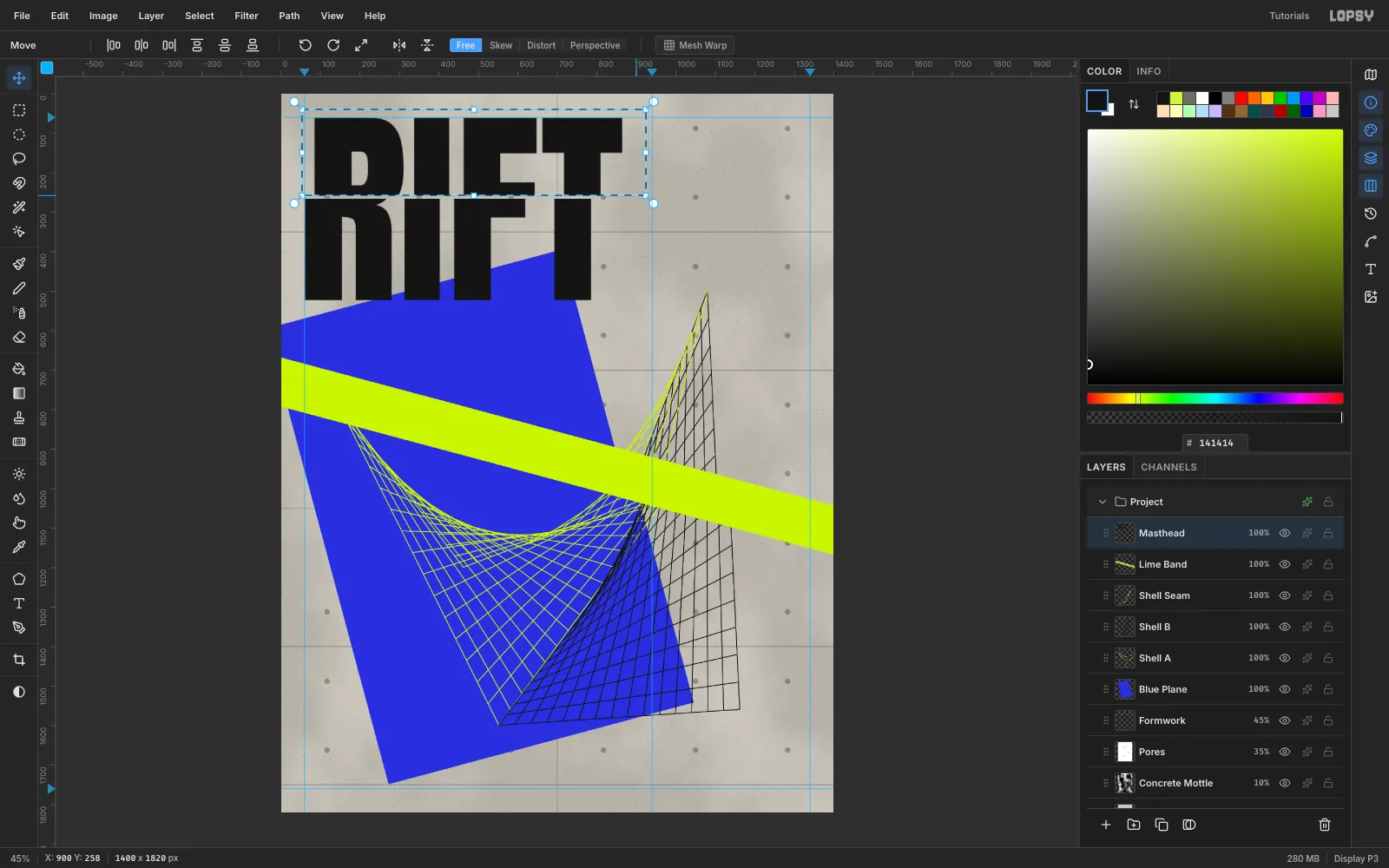 RIFT cut horizontally through the middle with an 8 px gap, the top half shifted 24 px to the right of the bottom half