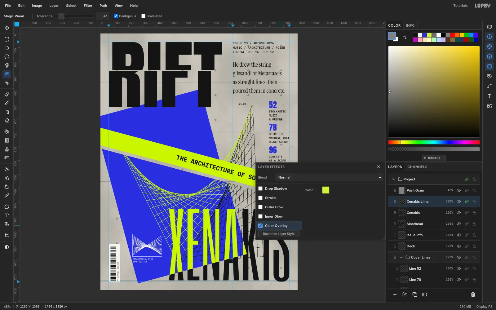 The effects drawer open on Xenakis Lime with Color Overlay enabled in lime, after re-clipping it to the moved plane