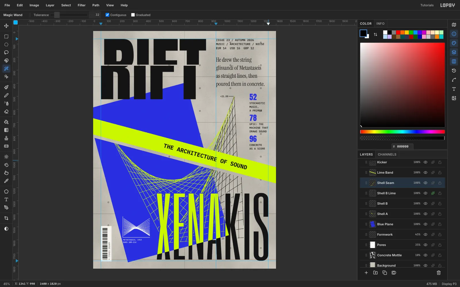 XENAKIS now surrounded by a clean 6 px gap where the shell lines stop short of every letter