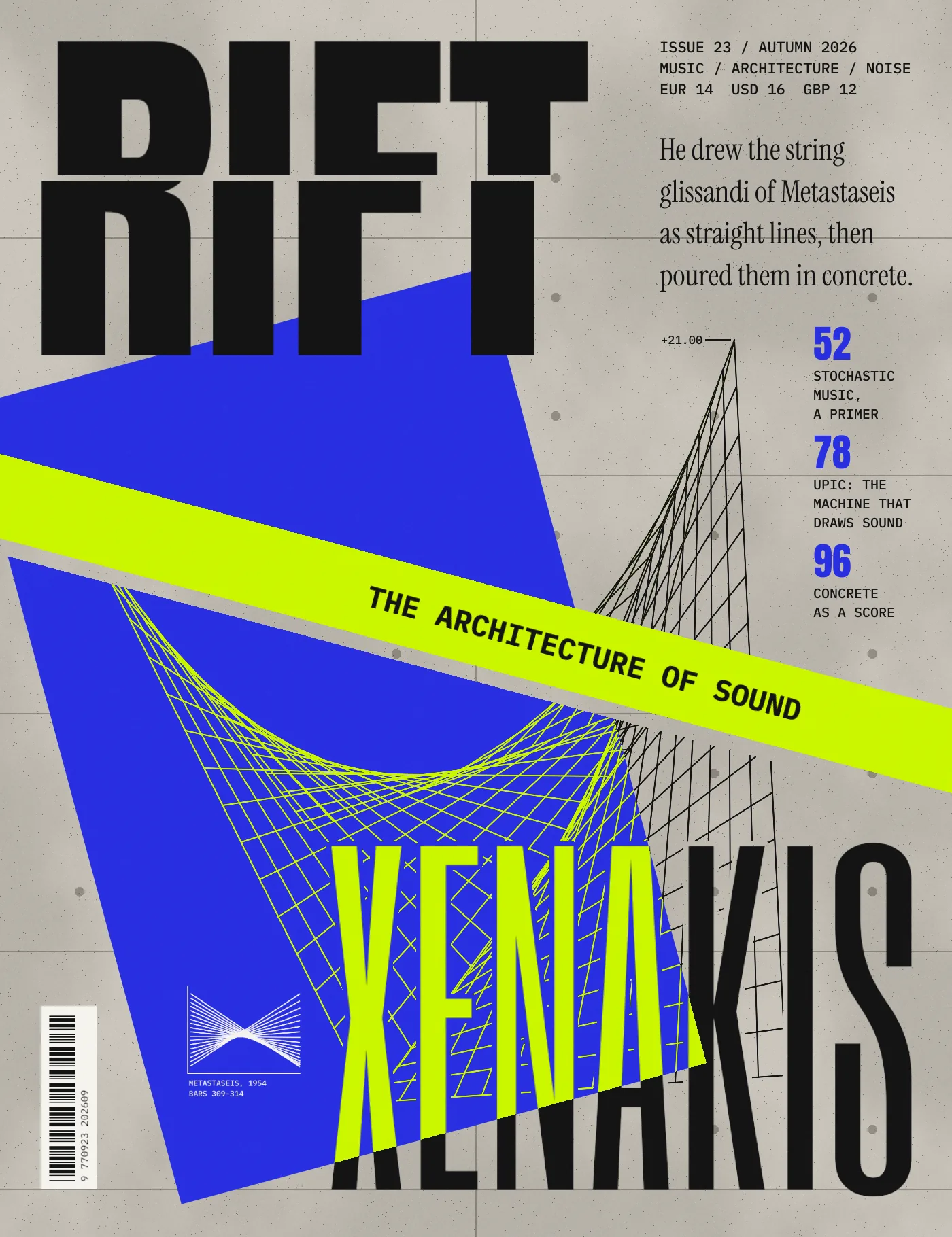 The finished RIFT issue 23 magazine cover on board-formed concrete grey. A split black RIFT masthead sits at top left and a serif deck at top right. A tilted ultramarine plane is sliced by a lime band that reads THE ARCHITECTURE OF SOUND. Lime and black ruled-line shells rise like the Philips Pavilion. XENAKIS runs across the bottom in tall condensed letters, lime over the blue and black over the concrete