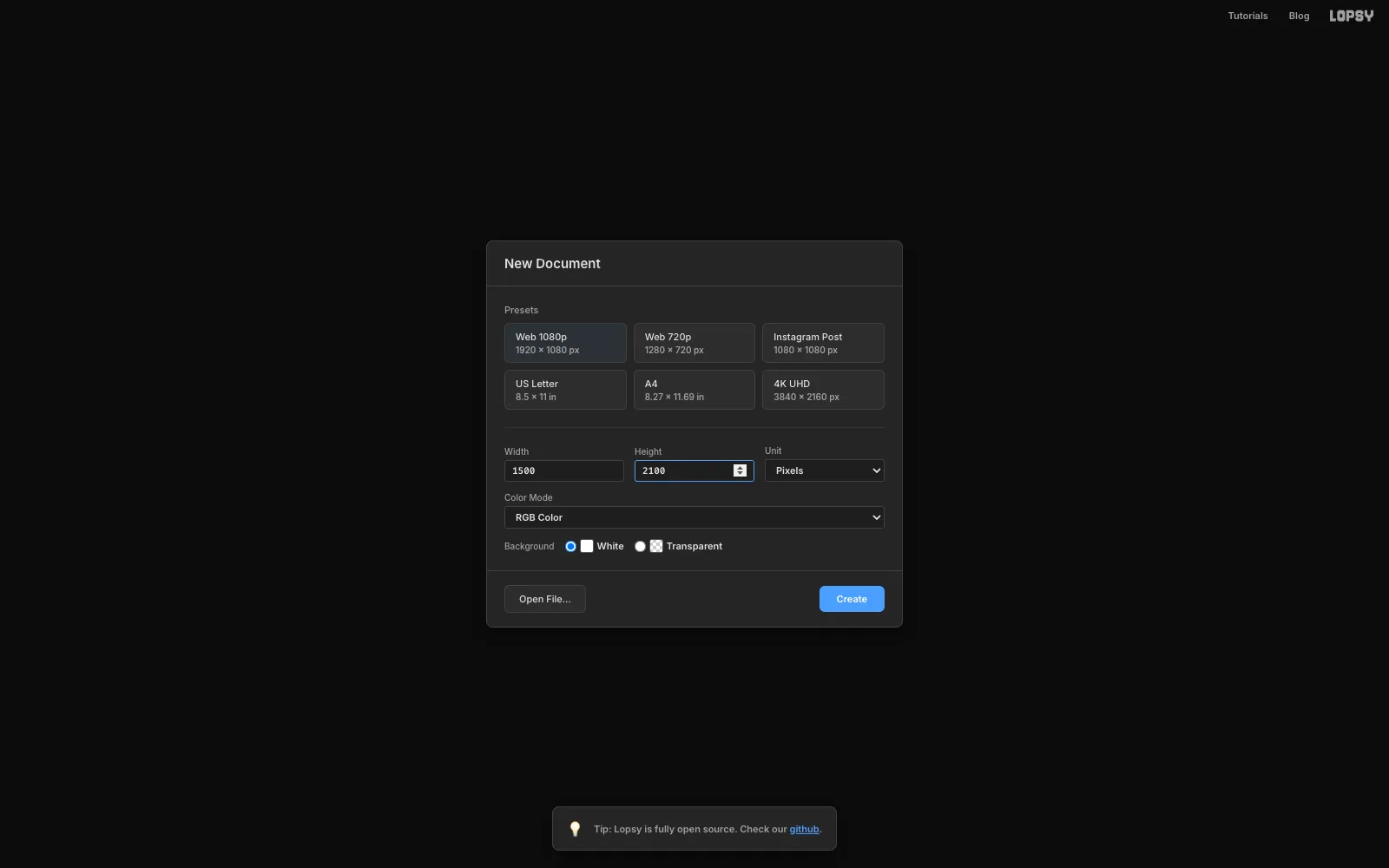 The New Document dialog with the width set to 1500 and the height to 2100 pixels