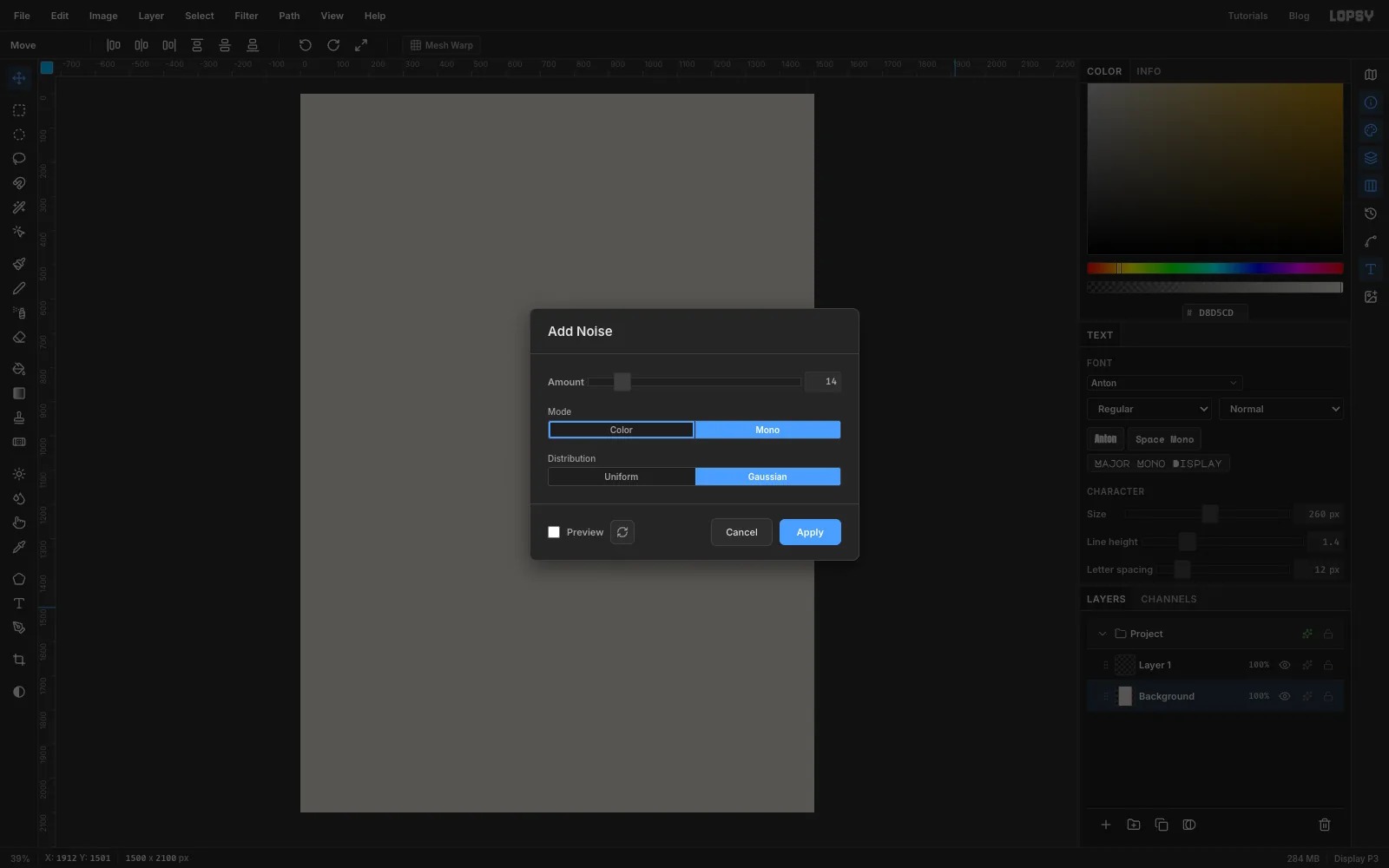 The Add Noise dialog set to Mono and Gaussian at amount 14, previewing a faint speckle on the grey page