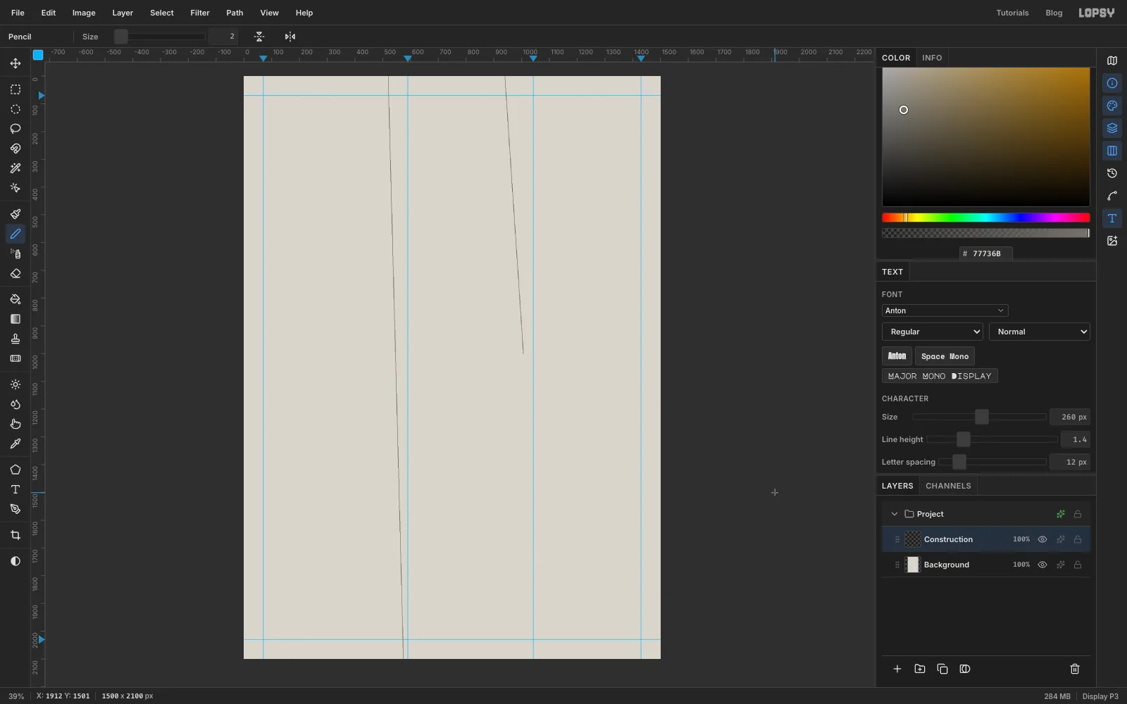 Two thin grey hairlines on the page. One runs almost straight down the middle, the other runs down from the top edge toward the right column