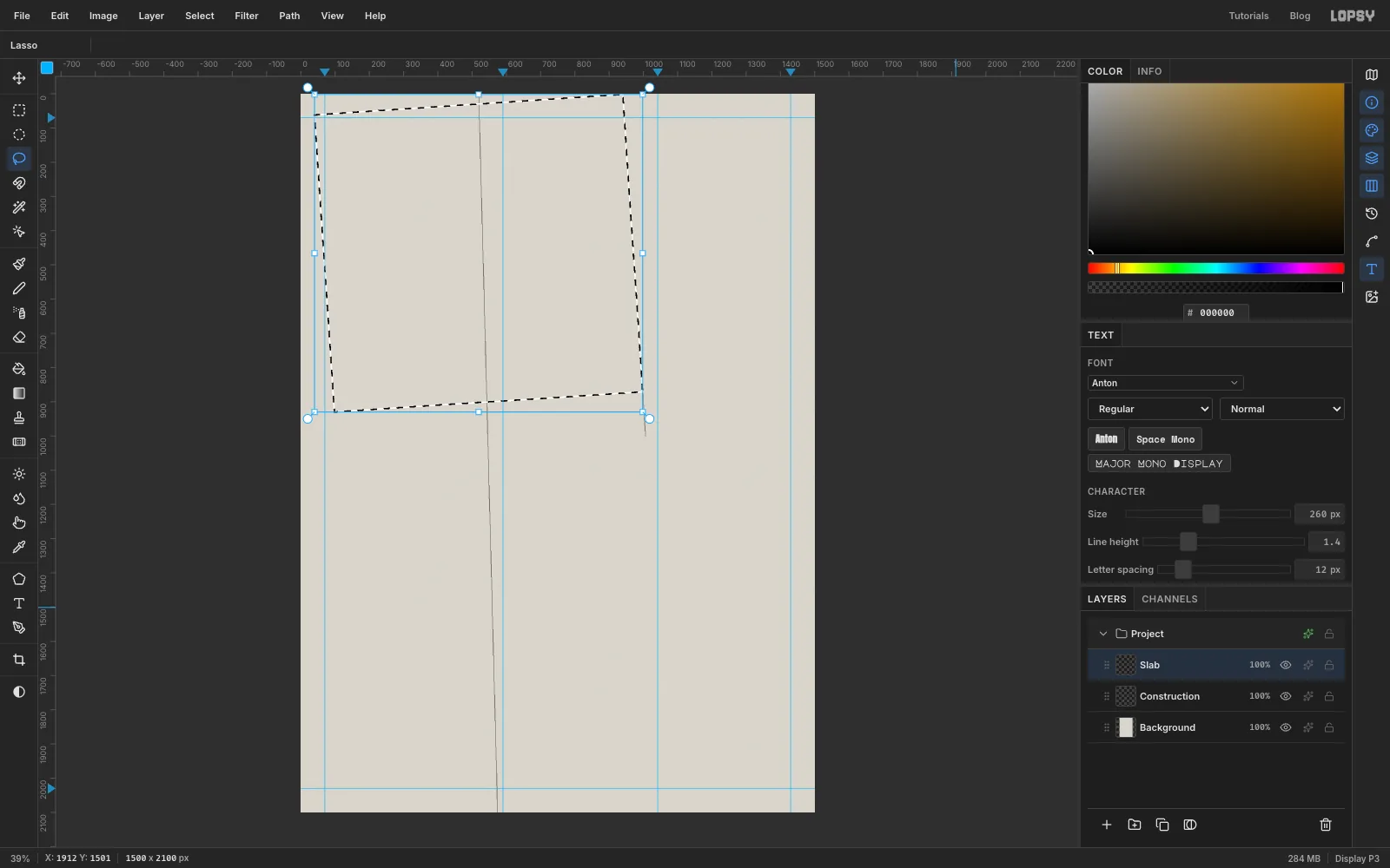 A tilted four-sided lasso selection covering most of the top left of the page