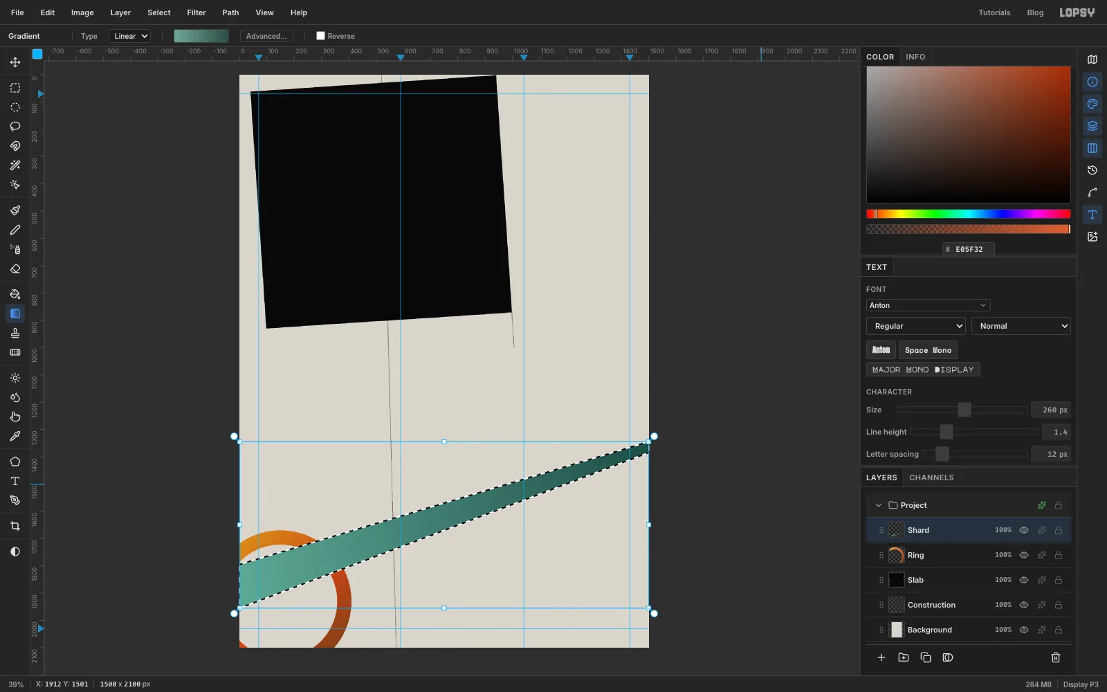 A long teal band crossing the lower page from the left edge up to the right edge, light at the left and dark at the right